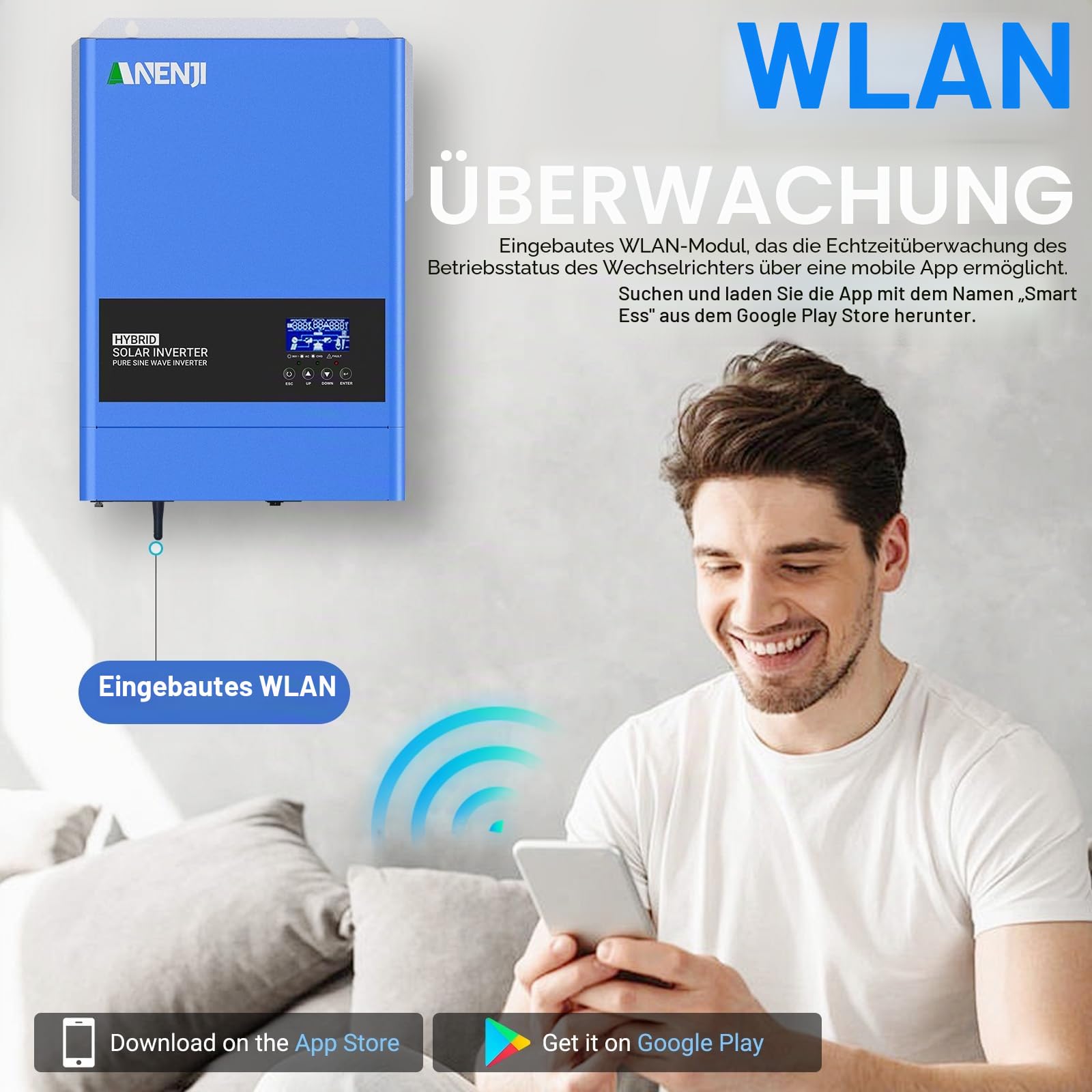Hybrid-Solar-Wechselrichter 6200 W, 48 V DC auf 230 VAC, Reiner Sinus-Wechselrichter mit 120 A MPPT-Solarladeregler, maximale Eingangsspannung PV 500 V, für