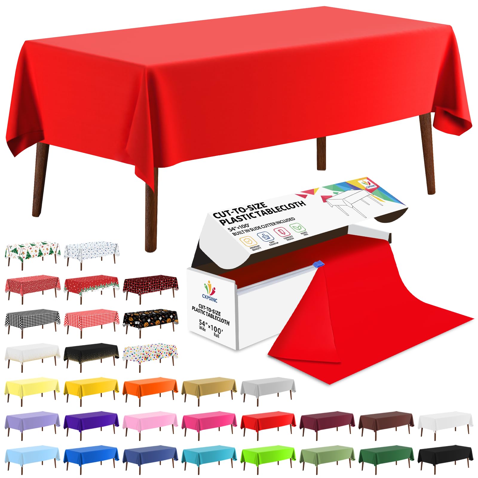 Cxpsinc Red 54 Inch X 100 Feet Plastic Table Cover Roll Disposable Tablecloth With Slide Cutter For All Type/Shape Tables | Party, Banquet, Birthdays, Weddings(, 100 Feet)