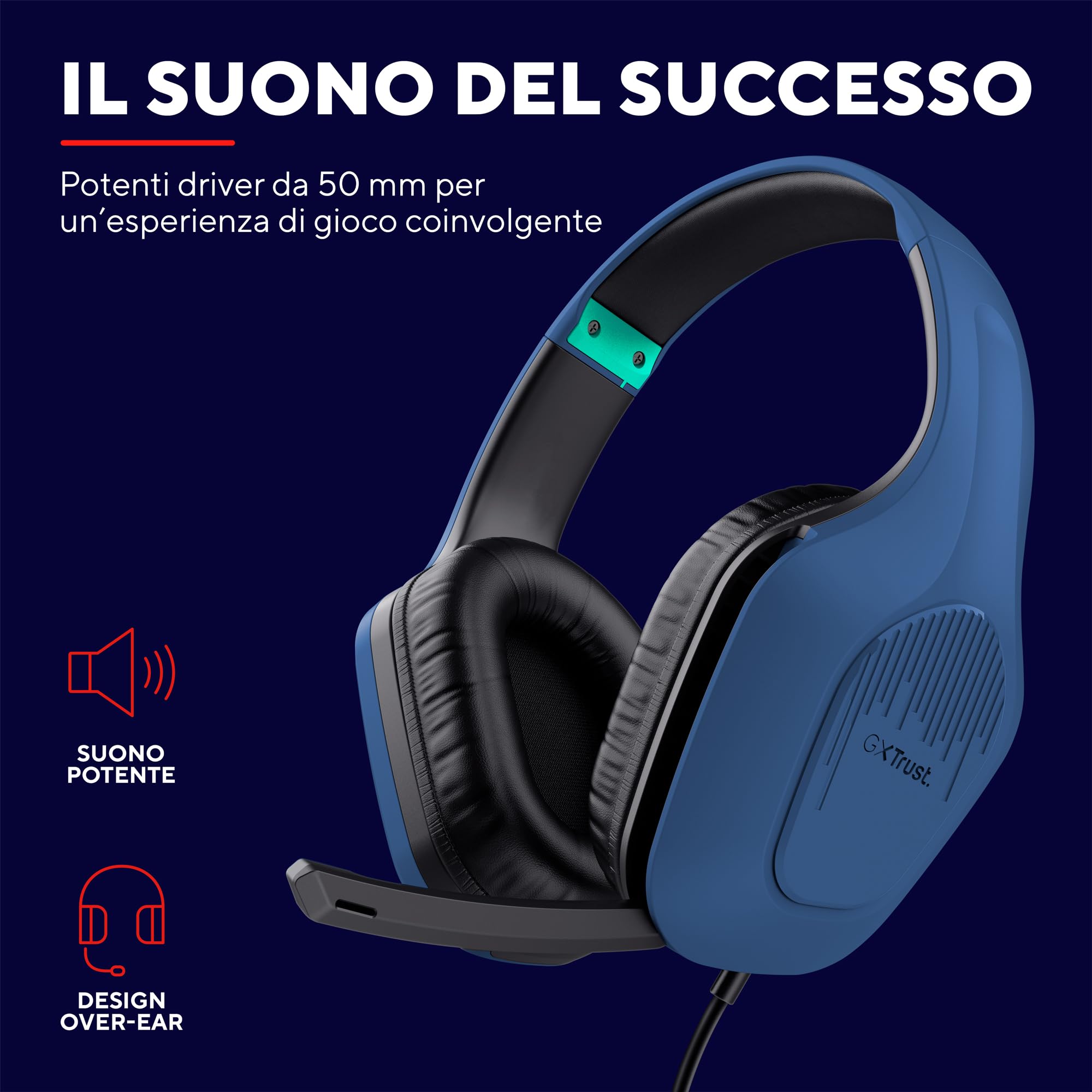 Trust Gaming GXT 415B Zirox Cuffie Gaming Leggere con Driver da 50 mm per PC, Xbox, PS4, PS5, Switch, Mobile, Jack Audio 3.5 mm, Cavo 2m, Cuffie con Microfono Over-Ear - Blu