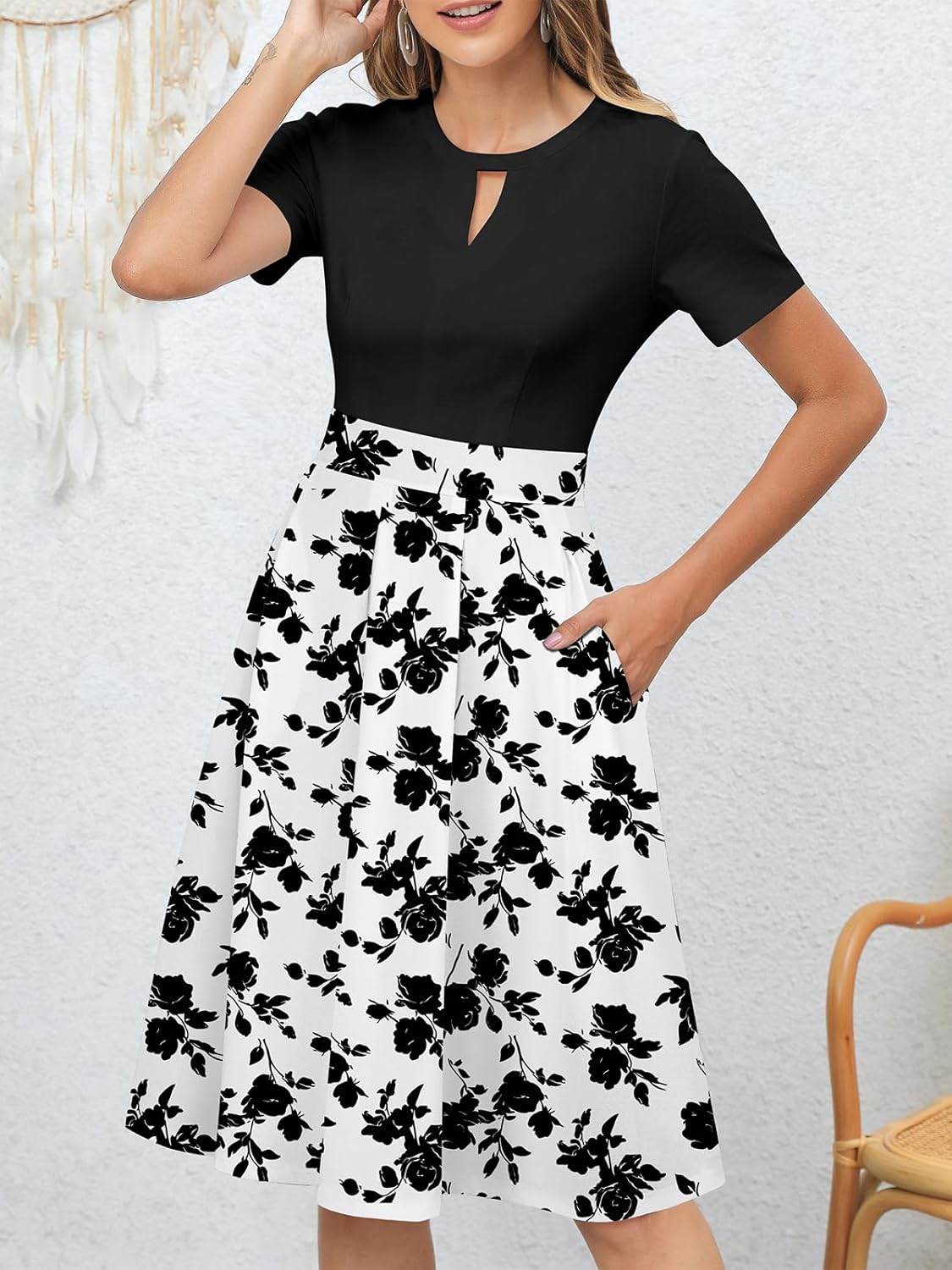 YATHON Women's Vintage Floral Flared A-Line Swing Casual Party Dresses with Pockets(YT018-Black WF P3,L) - Image 4