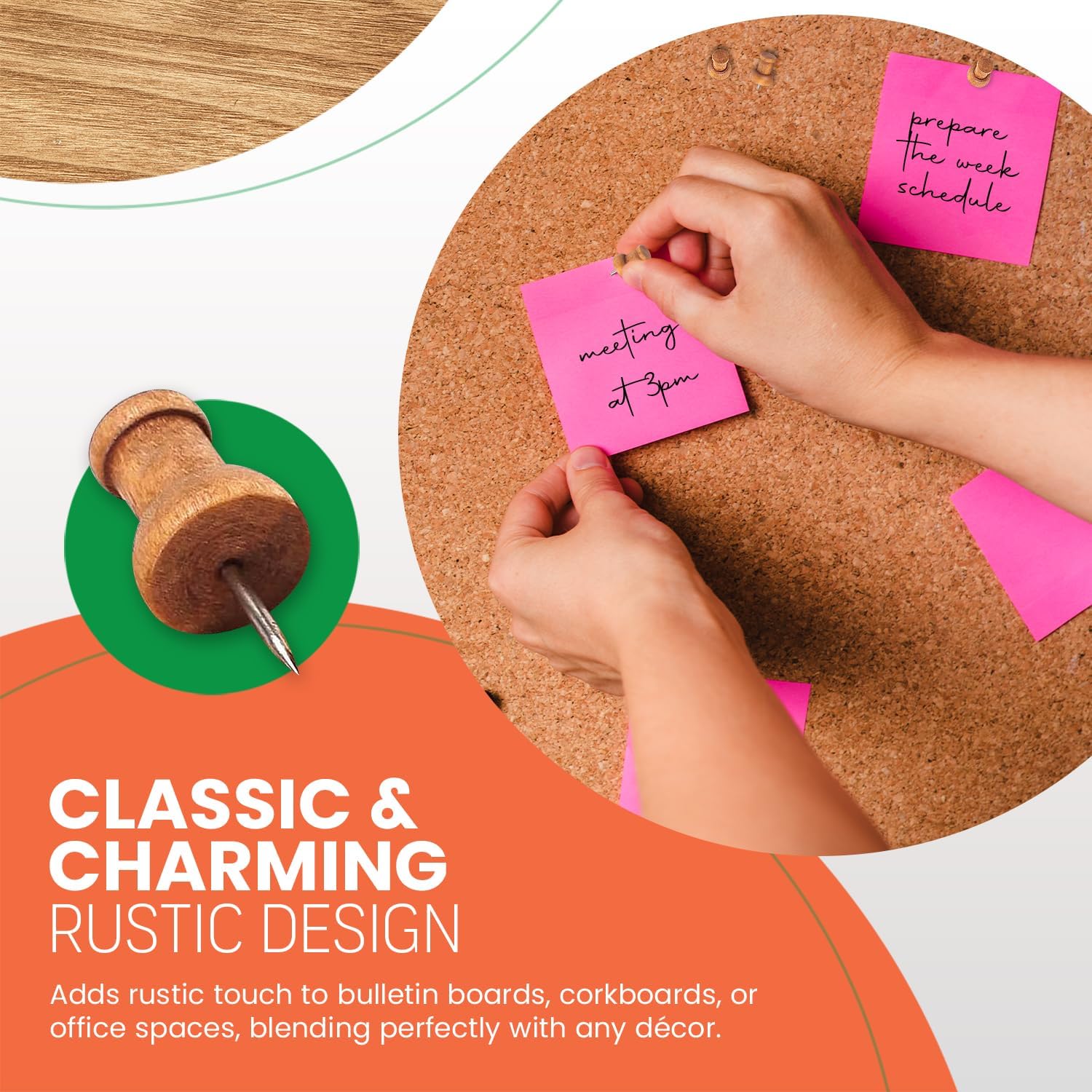 木製プッシュピン 100個 - 木製装飾プッシュピン - コルクボード掲示板、地図マーキング、メモ、メモ、壁の写真、ホーム&amp;