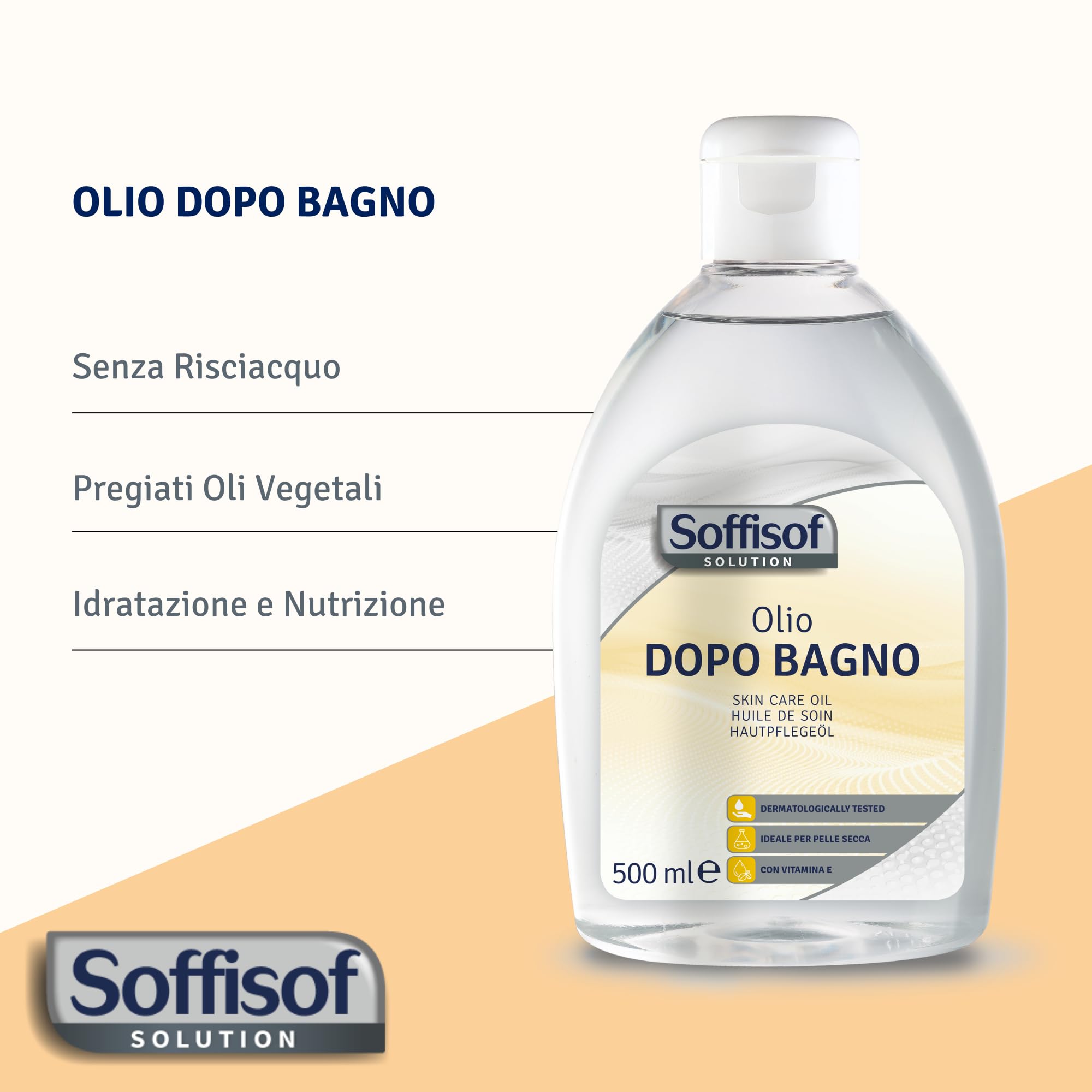 Soffisof Olio Dopo Bagno 500ml - Olio Corpo Idratante per Pelle Secca e Sensibile - Senza Parabeni e Fenossietanolo - Con Bisabololo e Vitamina E - Assorbimento Rapido senza Risciacquo