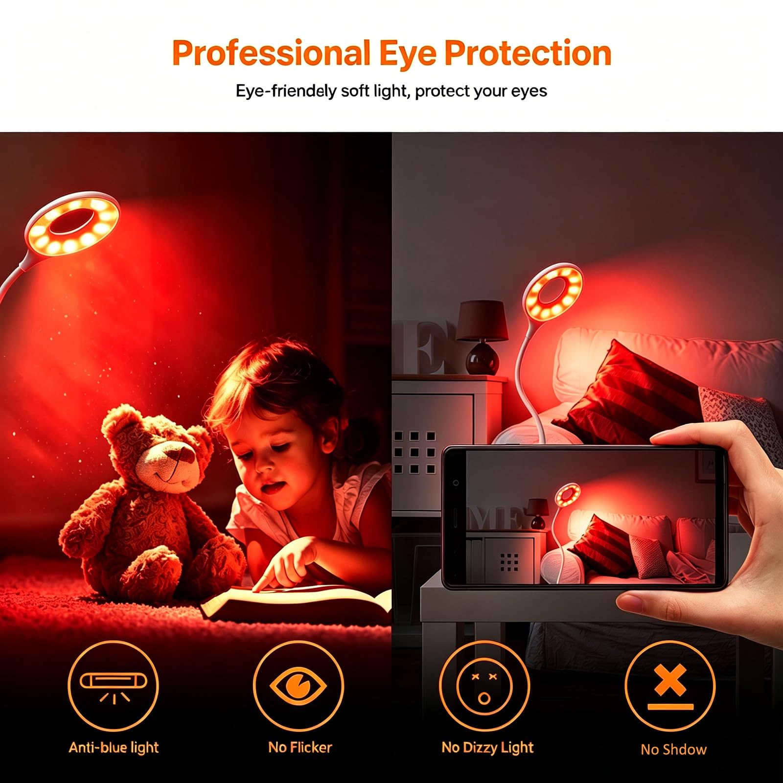Lámpara de escritorio recargable, 3 modos de color con terapia de luz roja y protección ocular, luz naranja, control táctil de atenuación continua, sin luz azul, lámpara de lectura inalámbrica