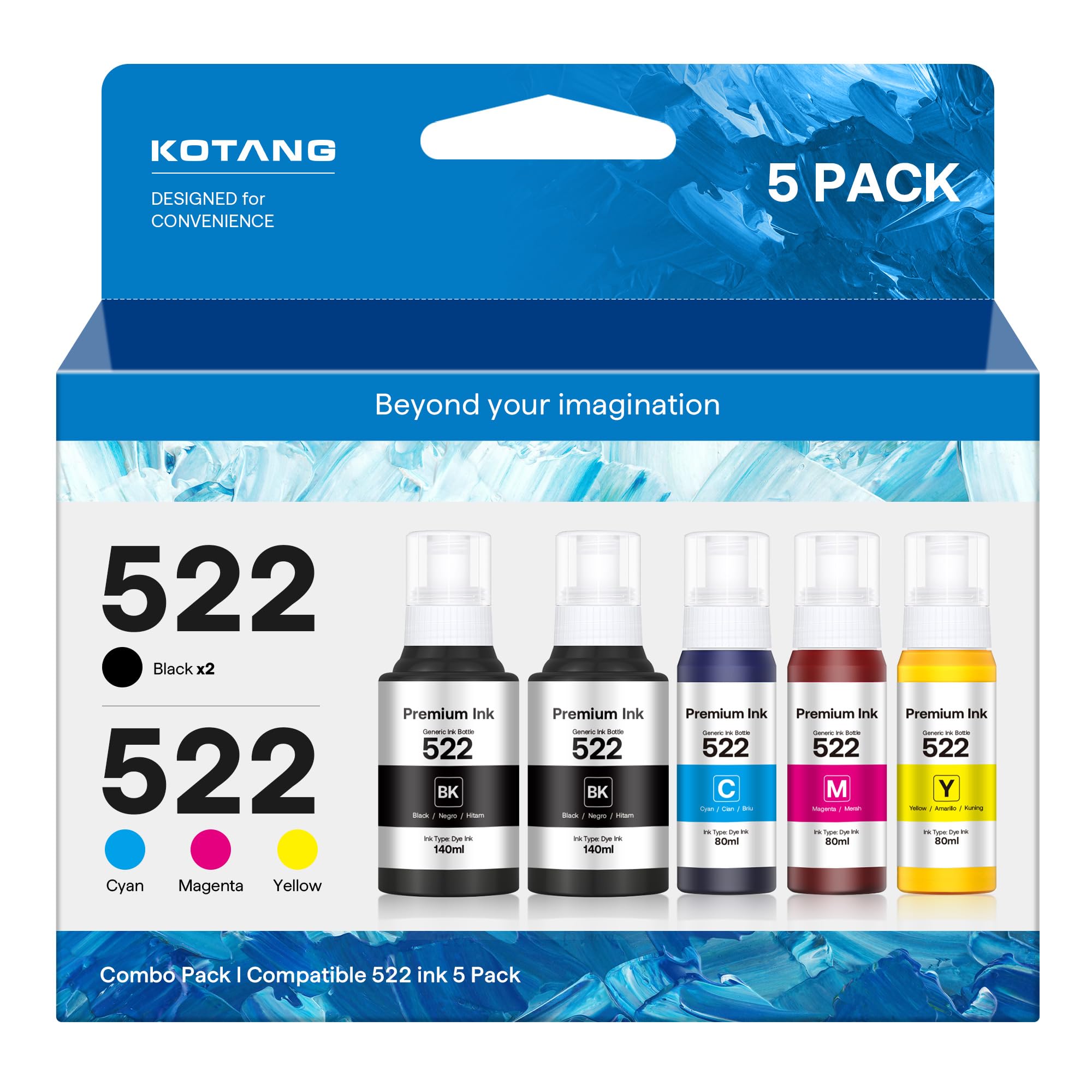KOTANG 522 Ink Refill Bottles High Capacity (5 Bottles) Replacement for 522 Ink Compatible with ET-2400 ET-2720 ET-2800 ET-2803 ET-2840 ET-4700 ET-