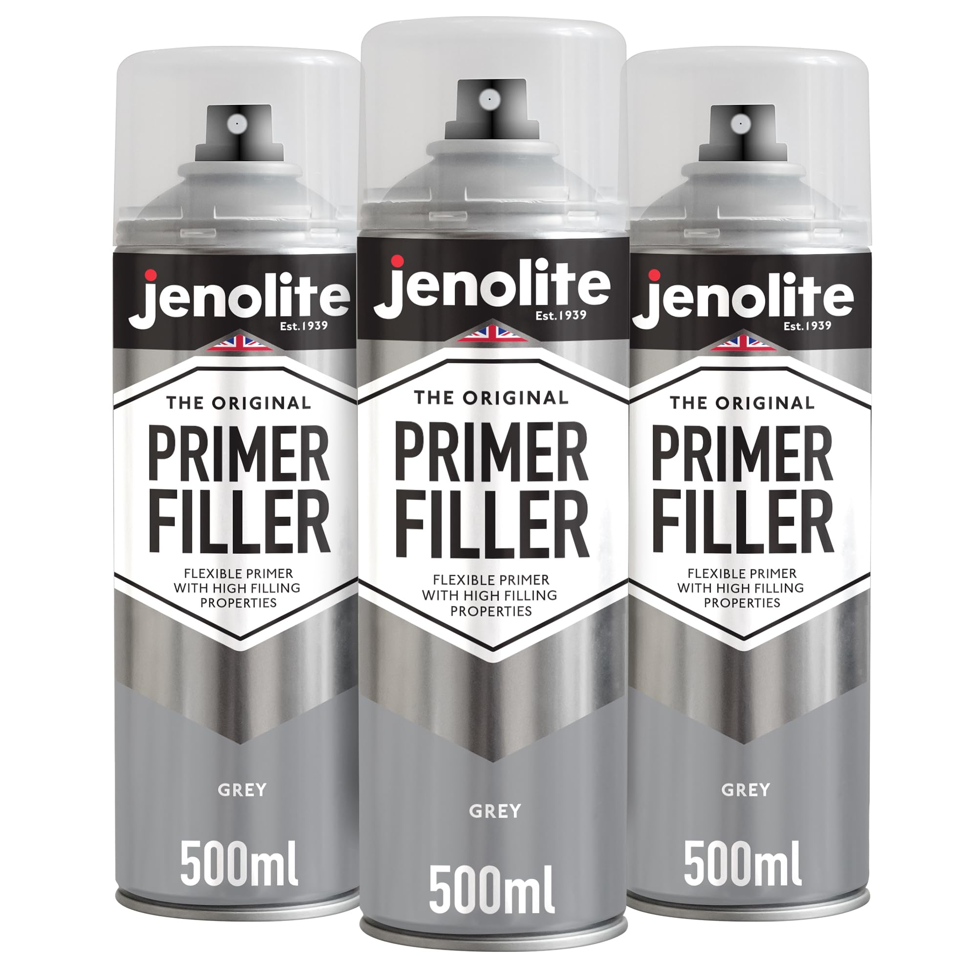 Jenolite Grey Primer Filler Spray Paint (Grey) | 3 X 500Ml | High Fill Multi-Surface Primer Paint | Fills Small Dents & Scratches | Perfect For Car Bodywork, 3D Printer Models & More