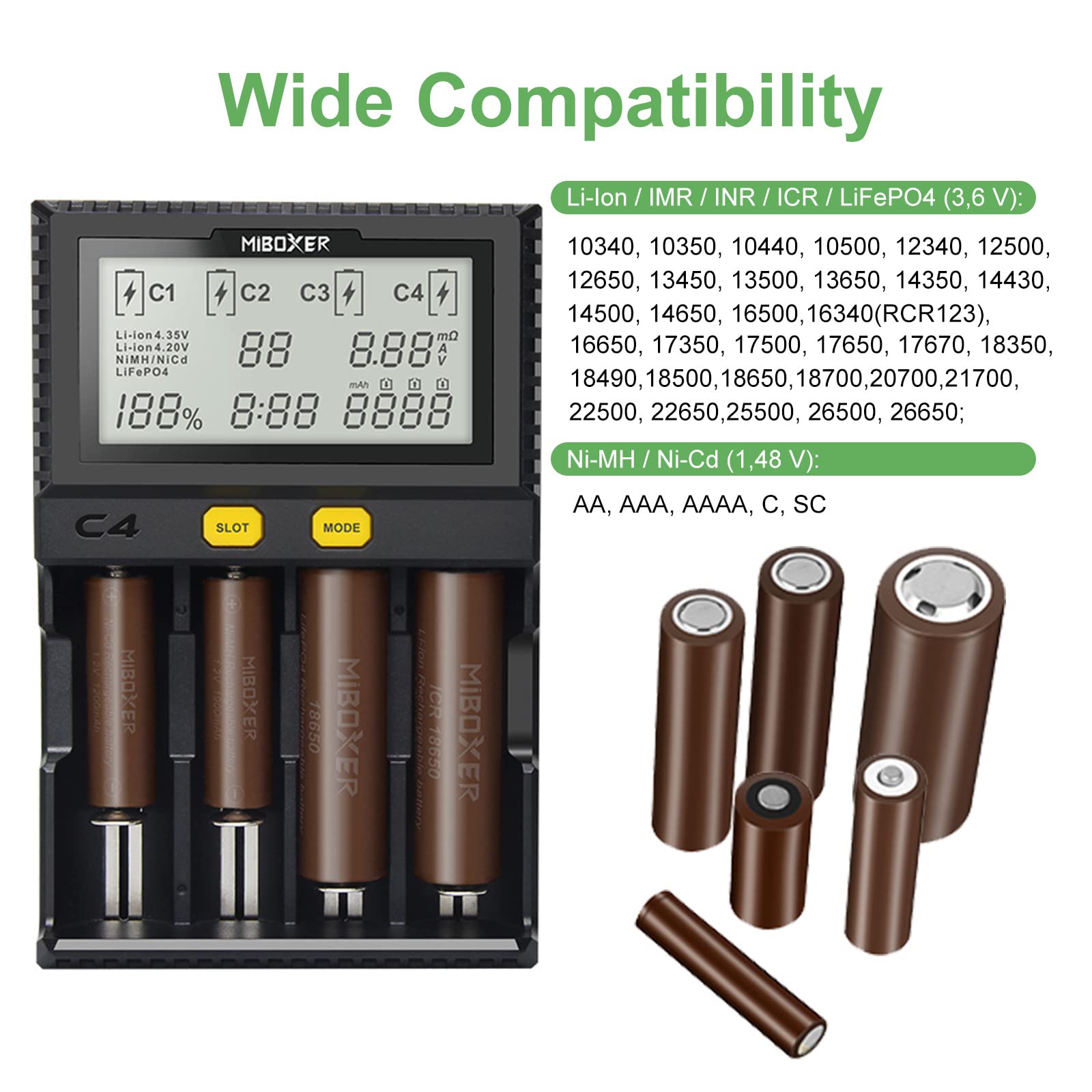 18650 Caricabatterie, Caricabatterie Intelligente Universale con Display LCD per Batterie NI-MH, NI-Cd, AA, AAA, 14500, 18350, 21700, 26650, Li-Ion LiFePO4, RCR123A (4 Slot)