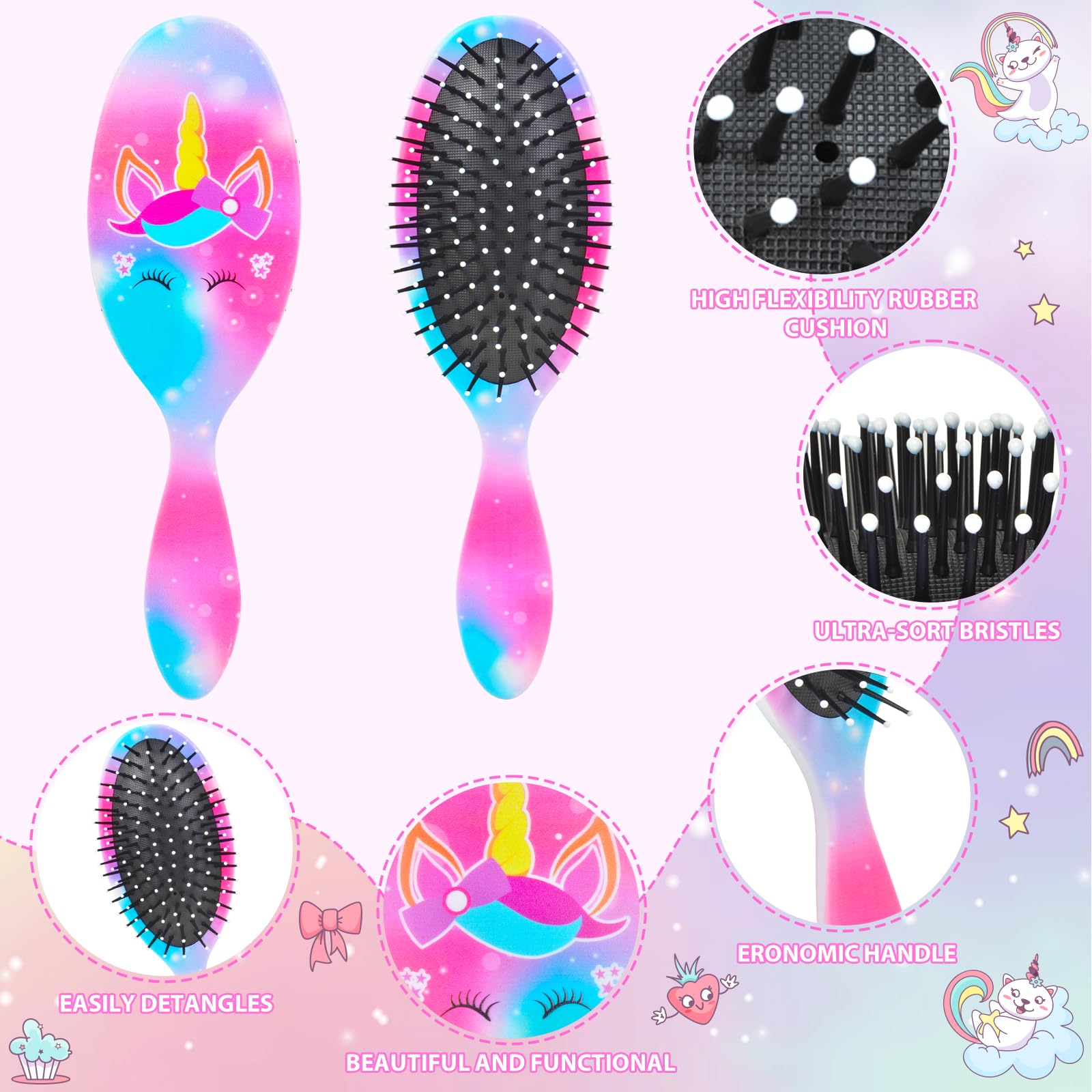 Cepillo de pelo para niñas, cepillo de pelo desenredante para cabello rizado, cepillo de cabello para mujer, cepillo de cabello sin dolor para cabello grueso (unicornio estrellado)