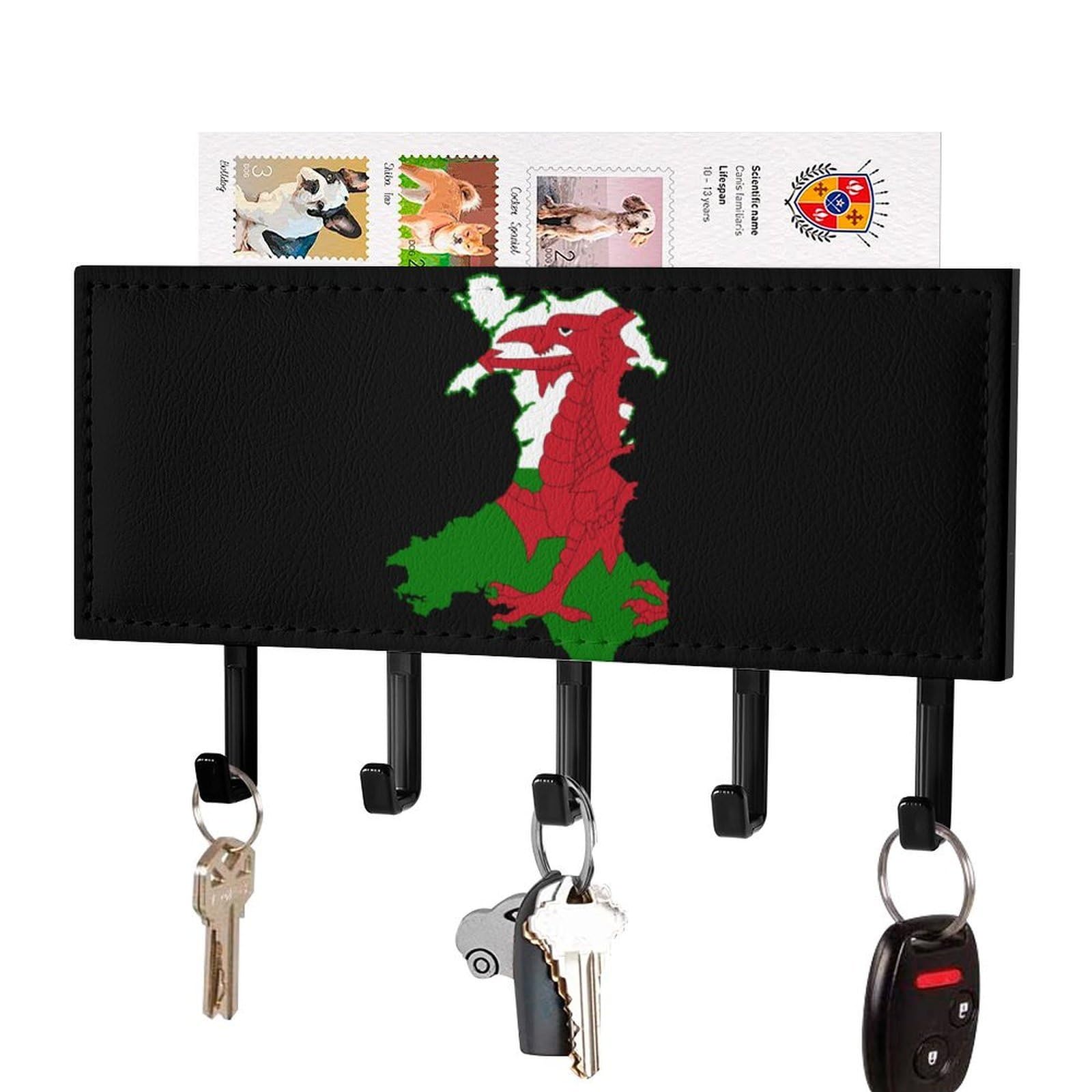 NCLQVJXZKHW Flag Map of Wales Key Holder with 5 Hooks Key Hooks Wall Mounted Key Racks Key Hanger Organiser Shelf