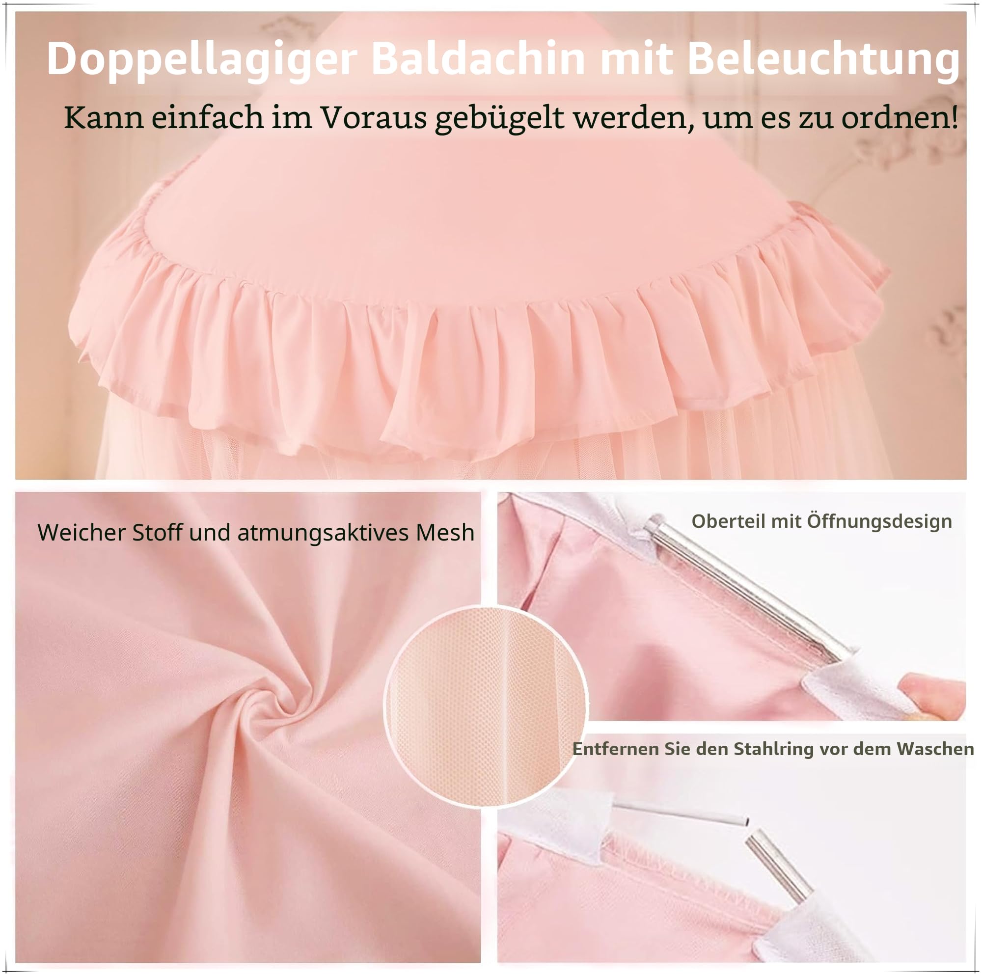 Prinzessinnen-Bettvorhang für Mädchen, doppelter Vorhang mit 250 warmweißen Vorhanglichtern, passend für Einzel-/Doppelbett, rosa