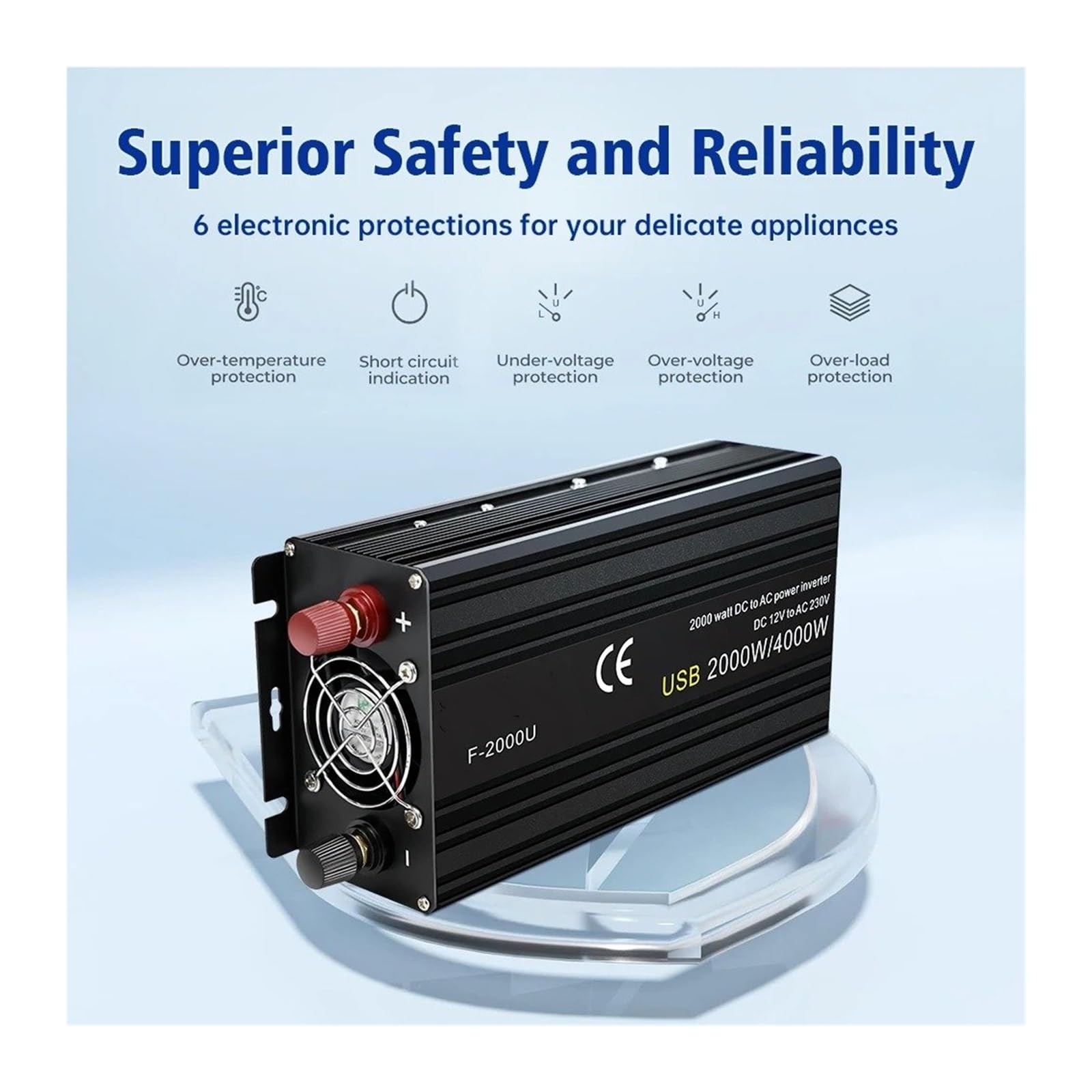 Power Inverter Inversor Coche 12V A 220V Potencia 500W 1500W 2000W 2600W 3000W Transformador Solar Enchufe Europeo Automático Convertidor(12V 220V 2000W)