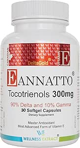 Wellness Extract Eannatto Tocotrienols Deltagold Vitamin E Supplements Softgels, Tocopherol Free, Supports Immune Health, NON-GMO, Gluten Free &amp; Antioxidant (300MG 30 Softgels).