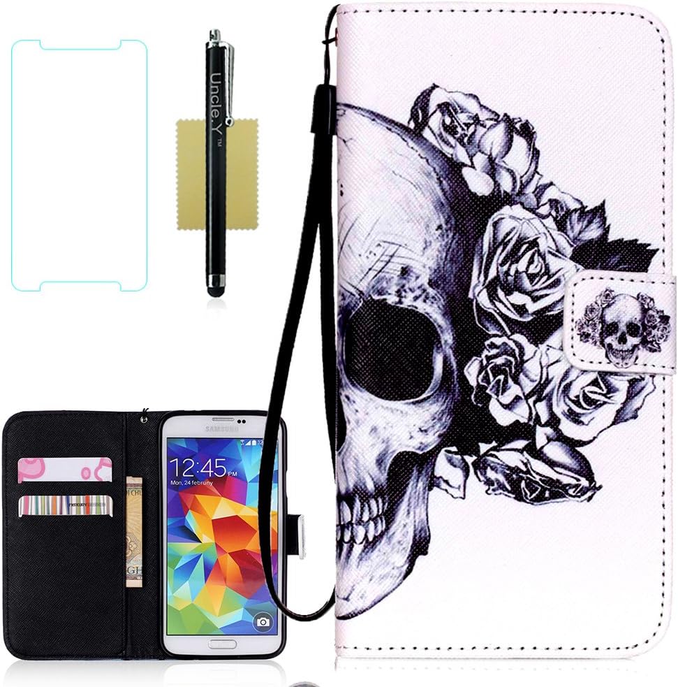Galaxy S5 Case, S5 Case, Samsung Galaxy S5 Case, Uncle.Y Wallet Flip PU Leather Case Folio Protector Cover Case with Card Holder and Strap Case for Samsung Galaxy S5 I9600 (Skull)