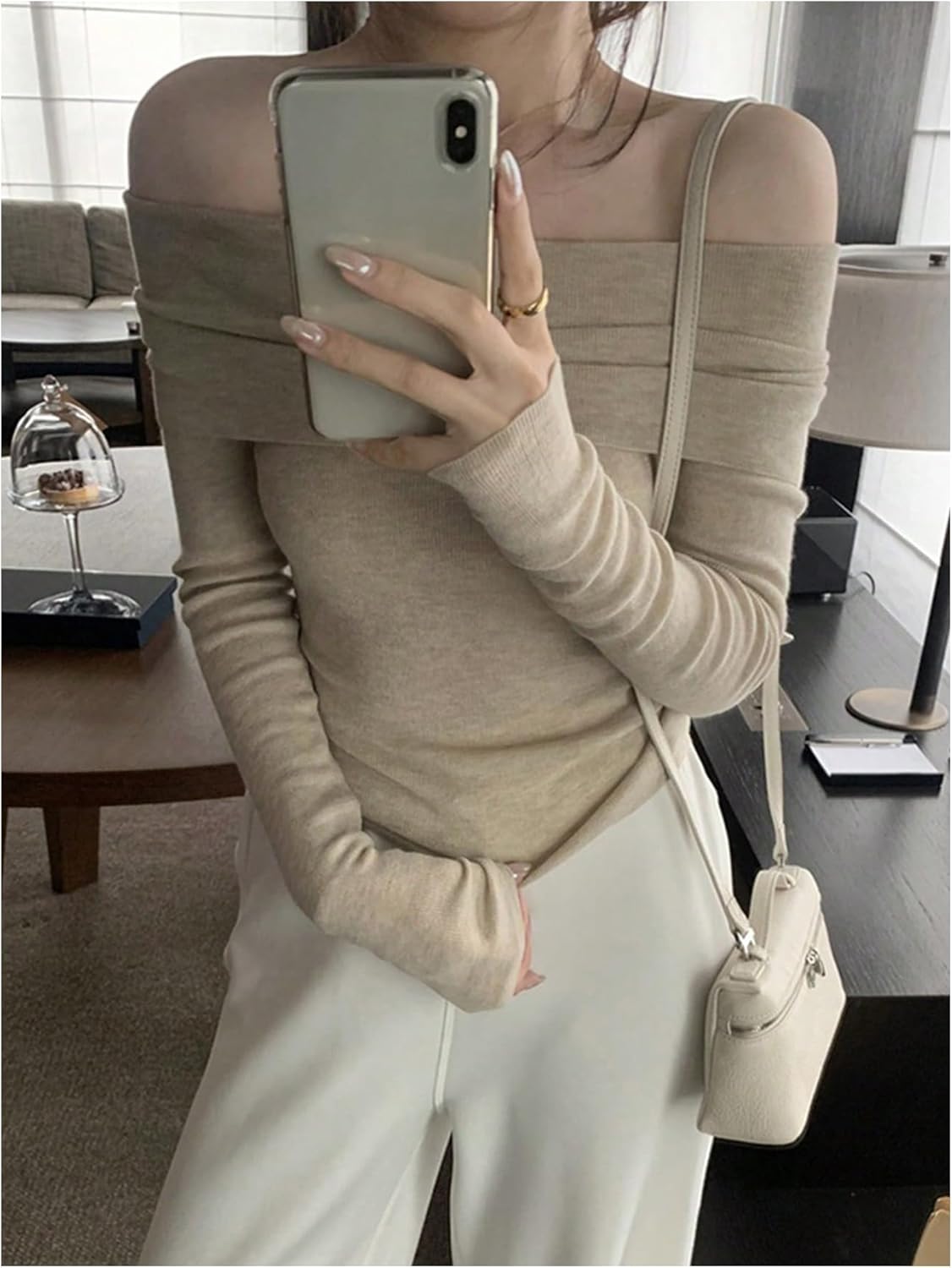 GORGLITTER Women's Off The Shoulder Sweater Dressy Casual Old Money Clothes Foldover Long Sleeve Knit Sweaters Tops - Image 3