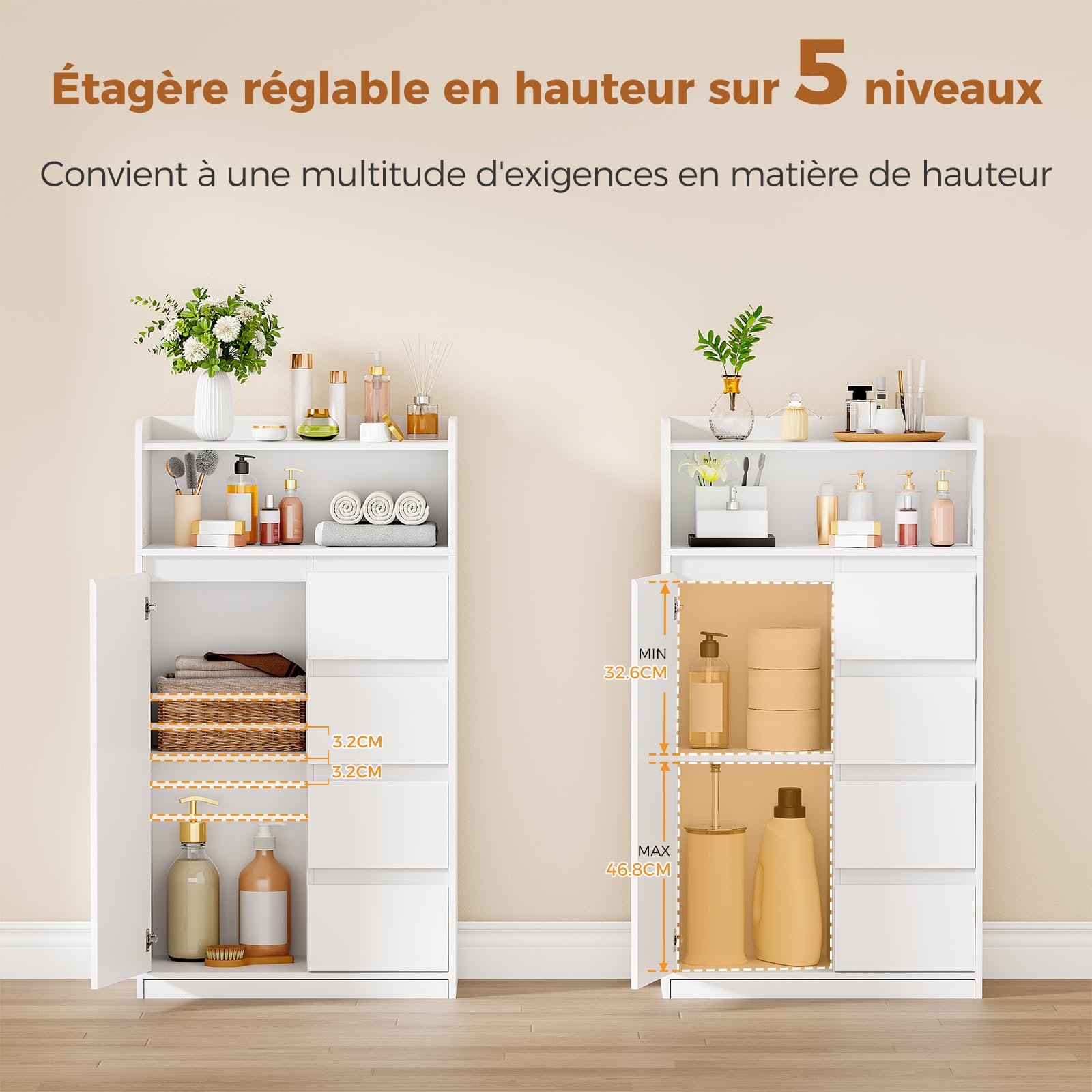 ANWBROAD Meuble Salle de Bain, Meuble de Rangement avec 4 Tiroirs, 1 Porte et Tablettes Réglables, Armoire Haute Salle de Bain, Étagères Ajustables, Blanc 110 x 60 x 30 cm, SBC014W