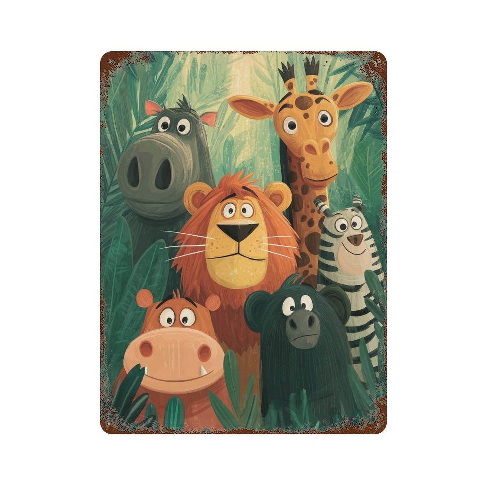 Jungle Animal Friends Distressed Metal Wall Sign 15.7"x11.8", Rustic Home Decor for Living Room, Hallway And Home Decor