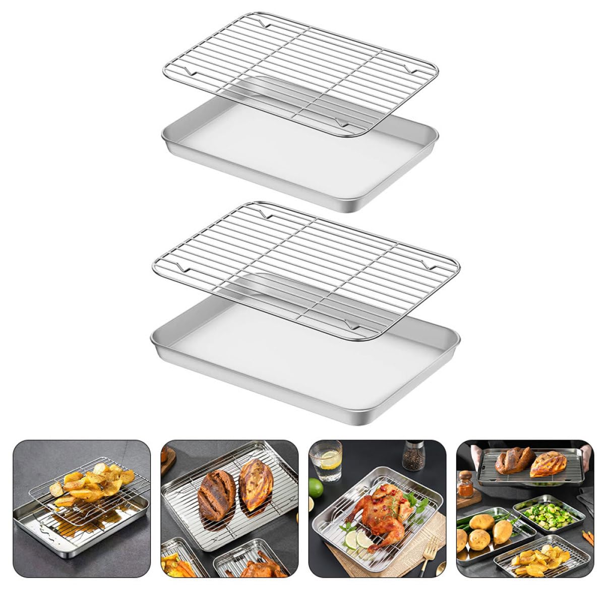 Juego de Bandejas de Horno con Rejilla de Enfriamiento de Acero Inoxidable 304, Tamaño 23.5x17.5 y 26.5x20.5 Cm, Multiusos para Hornear, Asar y Enfriar, Adecuado para Cocina