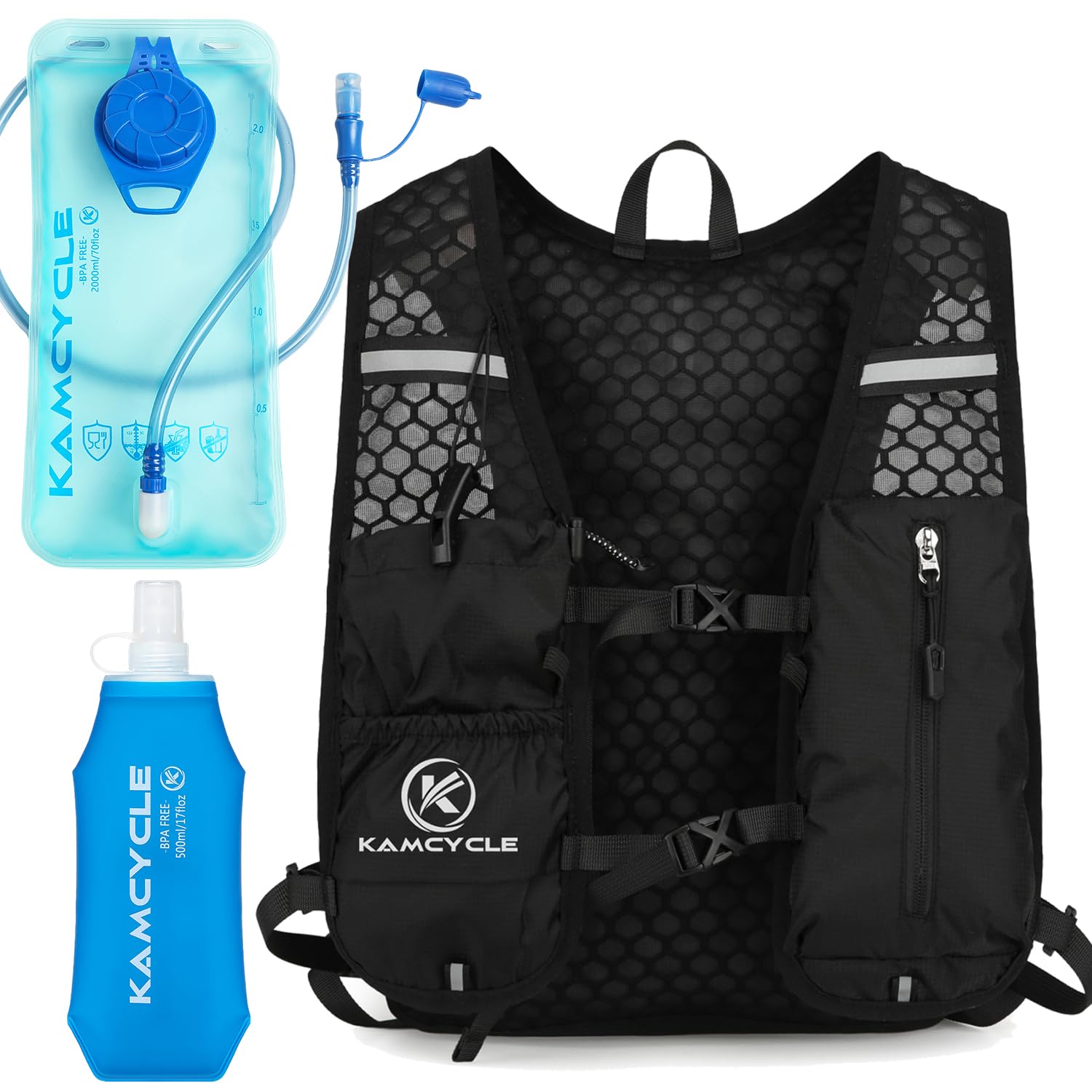 Sac à dos d'hydratation - Gilet de course avec bouteille souple de 500 ml et poche à eau de 2 l - Gilet de course - Ultra léger 180 g et respirant - Sac à dos de course pour homme et femme