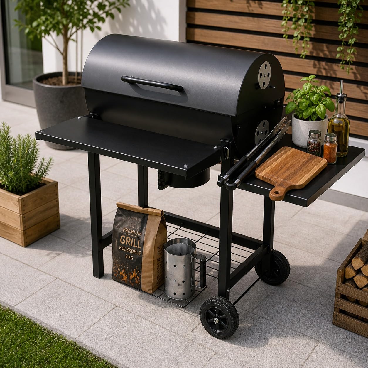 Profi Smoker Grill Holzkohle Grillwagen XL 103x110x59 cm, schwarzer BBQ Standgrill aus Stahl mit Deckel, Grillrost, Warmhalterost, Aschebehälter, Ablagen, Luftregulierung & Rädern für Garten Party