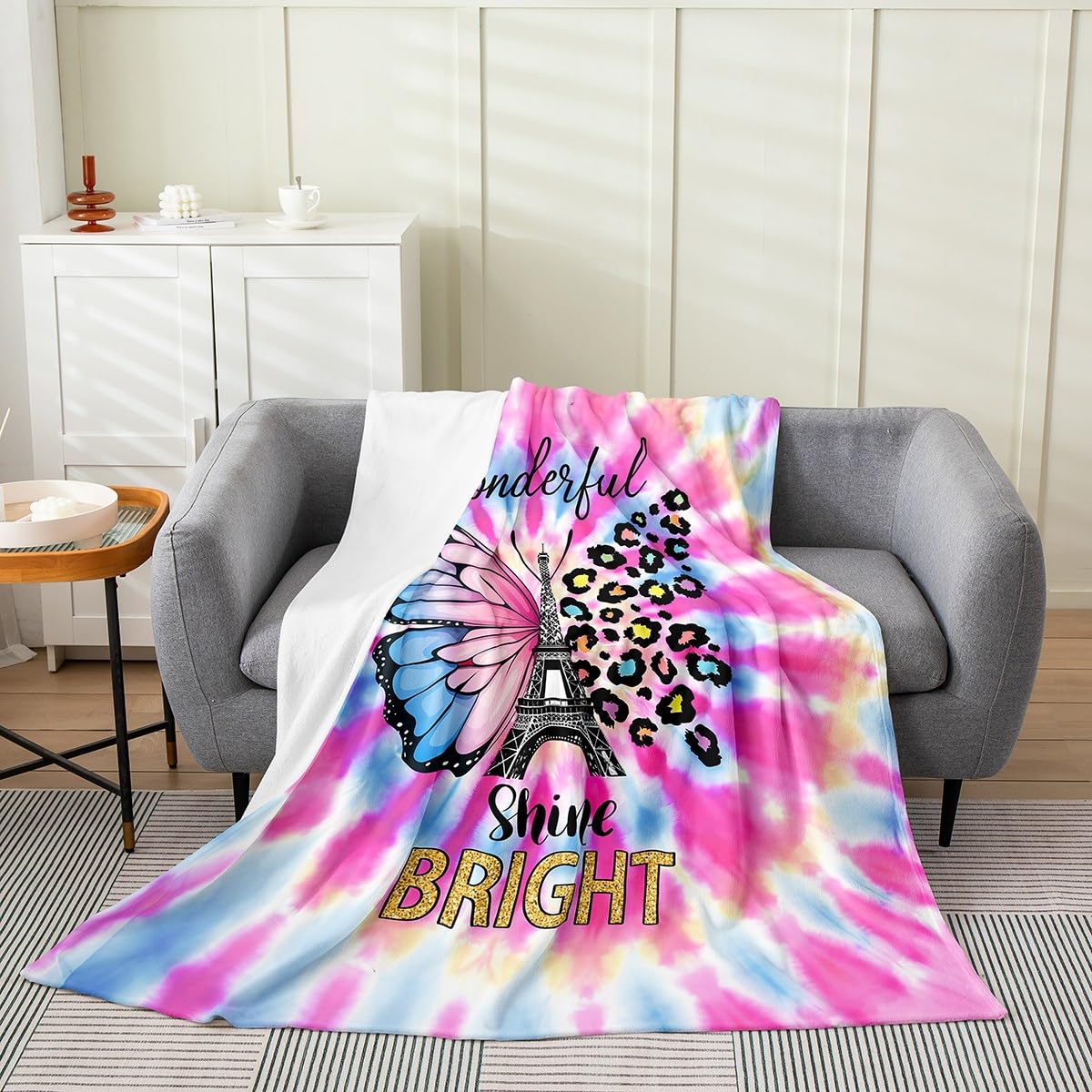 Erosebridal Girls Pink Butterfly Throw Blanket Baby 30X40 Watercolour TID Dye Fleece Blanket Eiffel Tower Blanket Couple Paris Romantic Fuzzy Blanket for Sofa Bed Couch,Soft Warm