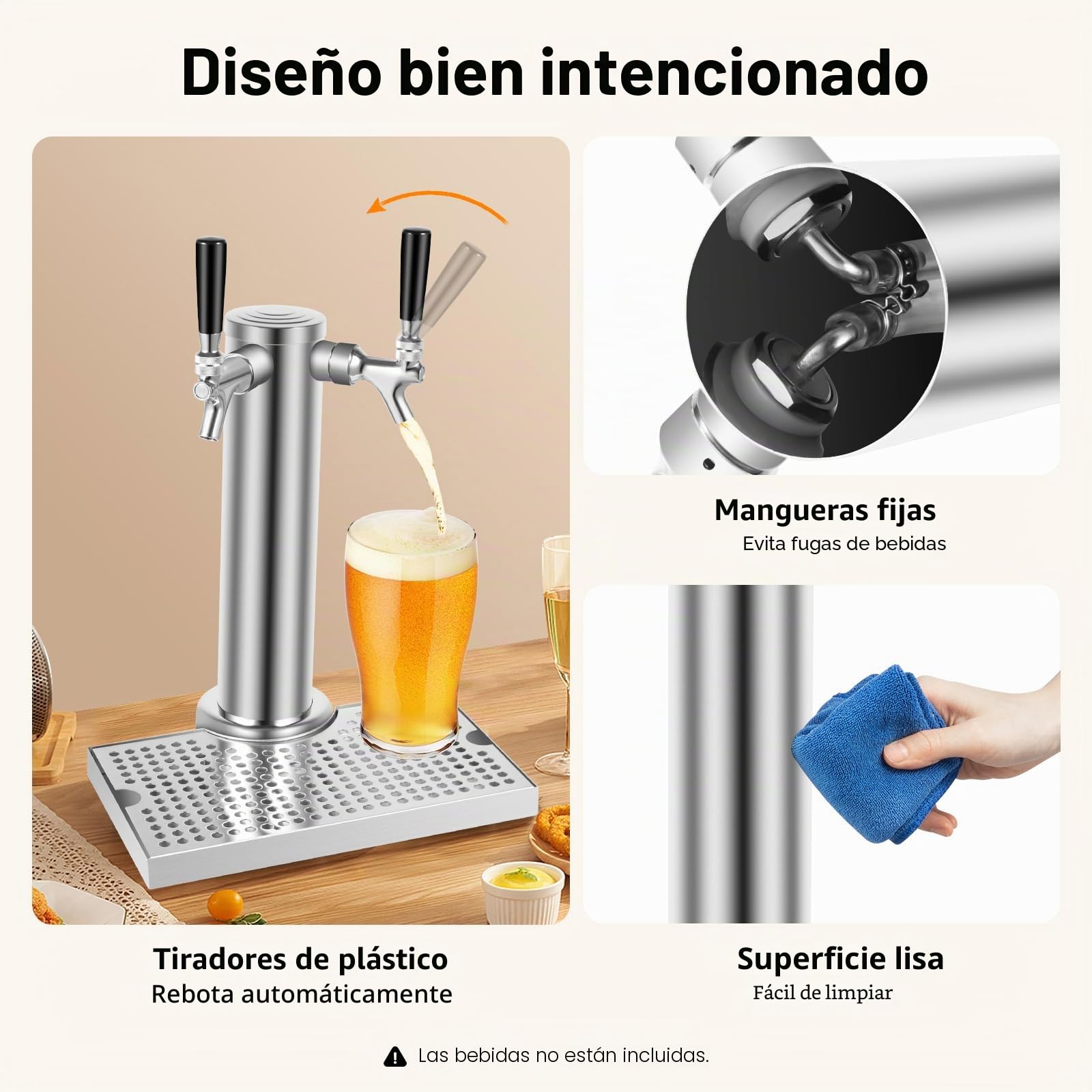 Dispensador de cerveza de doble caño para cerveza, torre de cerveza, 2 grifos, acero inoxidable, dispensador de bebidas para bar, uso doméstico, tubos de PVC de 1,5 m, cromo pulido, 3 kg de peso