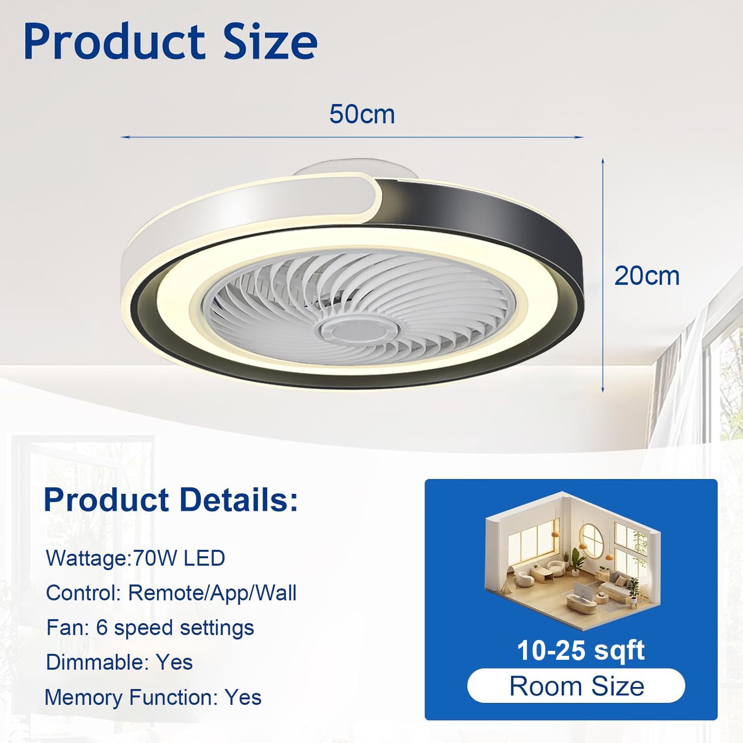 50cm Ventilateur Plafond Silencieux avec Lumiere, Dimmable Plafonnier LED 70W Ventilateur de Plafond avec télécommande APP, 6 Vitesses, Minuterie, pour Salon, Chambre, Cuisine(Noir+Blanc)