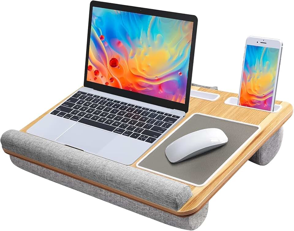 HUANUO Lap Desk - Fits up to 17 inches Laptop Desk, Built in Mouse Pad &amp; Wrist Pad for Notebook, Laptop, Tablet, Lap Stand with Tablet, Pen &amp; Phone Holder, Wood Grain