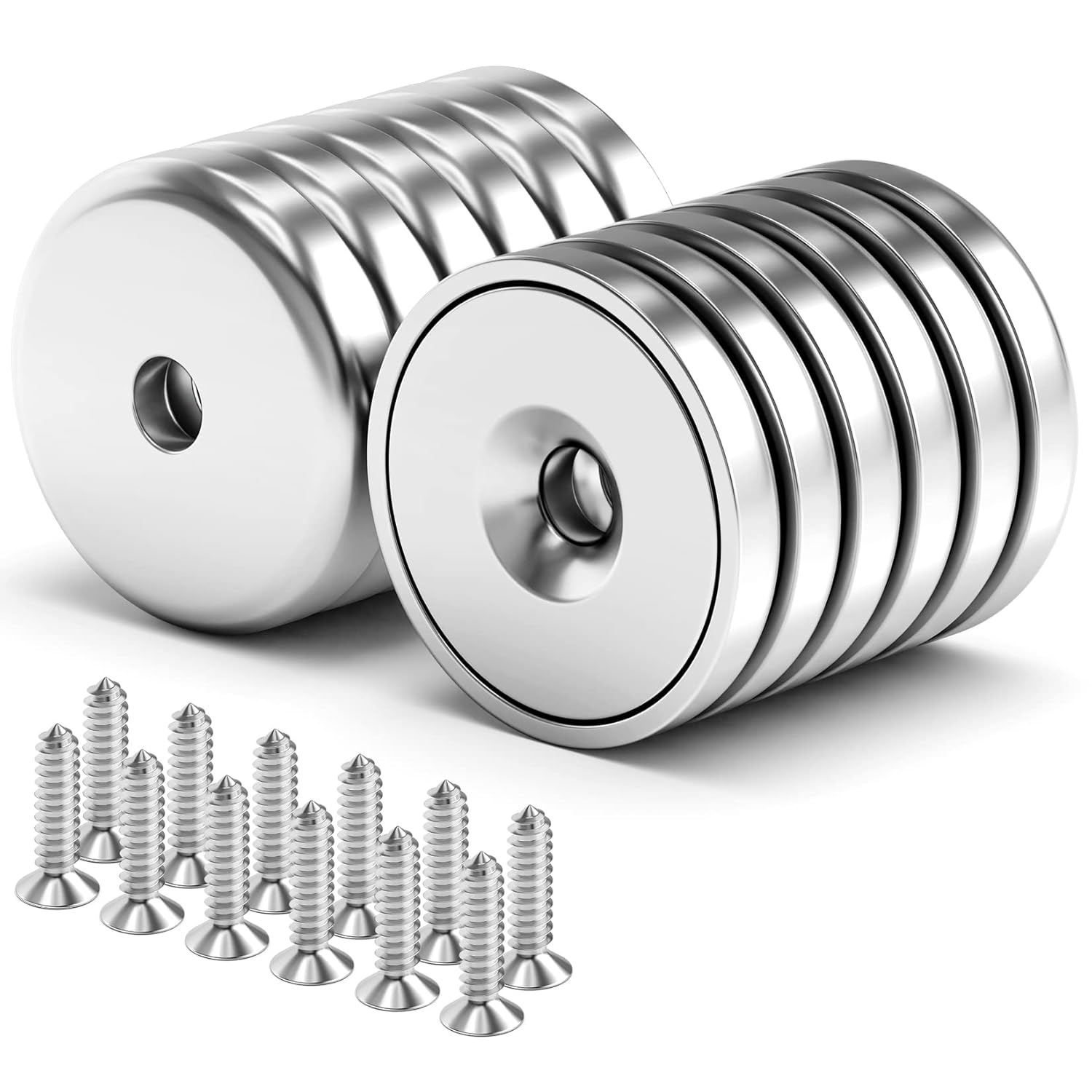 VNDUEEY Strong Magnets, 100 Lbs Neodymium Magnet, Rare Earth Magnets with Holes for Wall Mounting. Cup Magnet with Screws for Cabinet Door, Holding Tools Lifting, Pack of 16