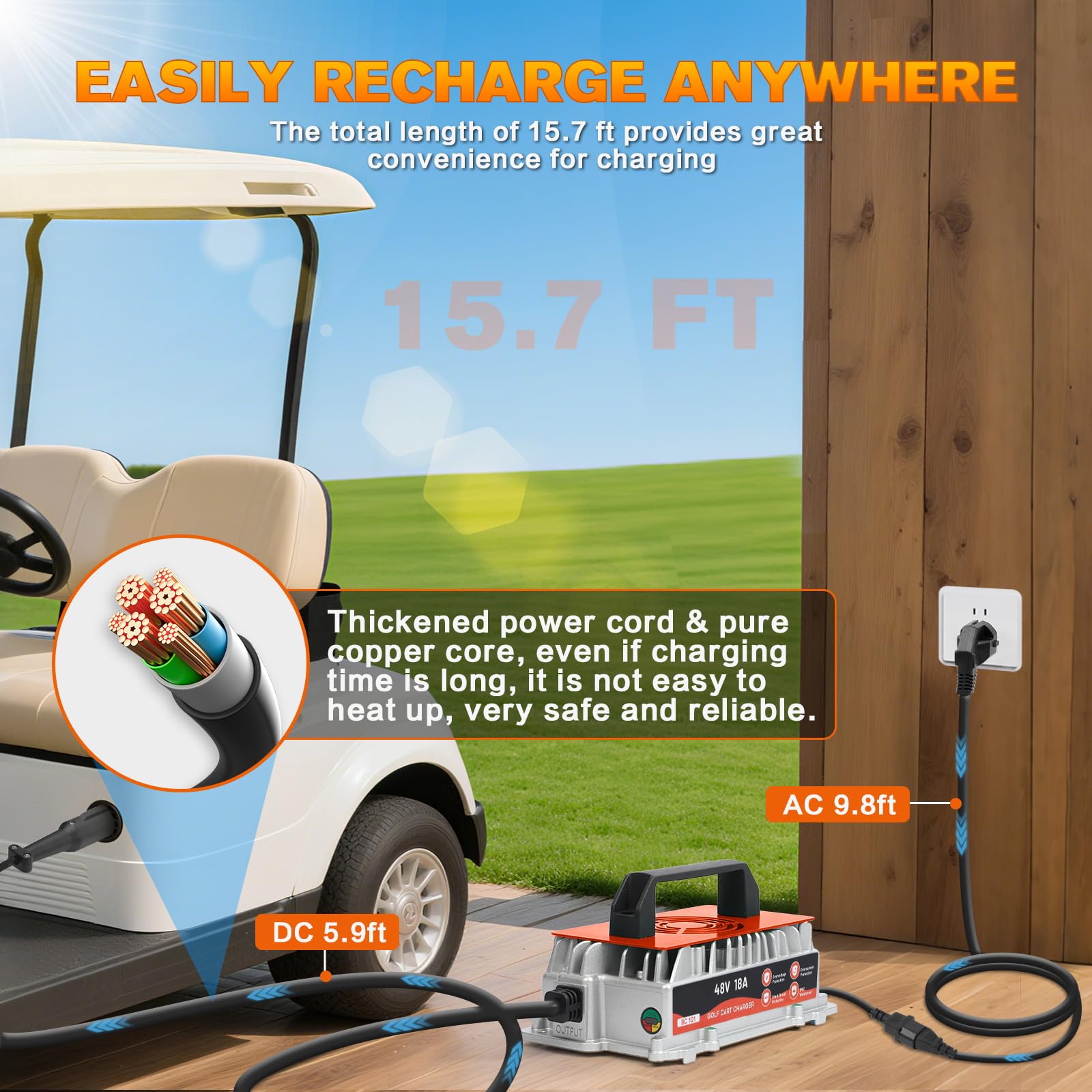 KAISAL Caricabatterie 48V 18A per Golf Cart Club Car, Caricabatterie Impermeabile IP67, Ricarica Intelligente Automatica a 5 Fasi, Caricabatterie per Batterie al Piombo-acido 48V, Spina Rotonda 3 Pin
