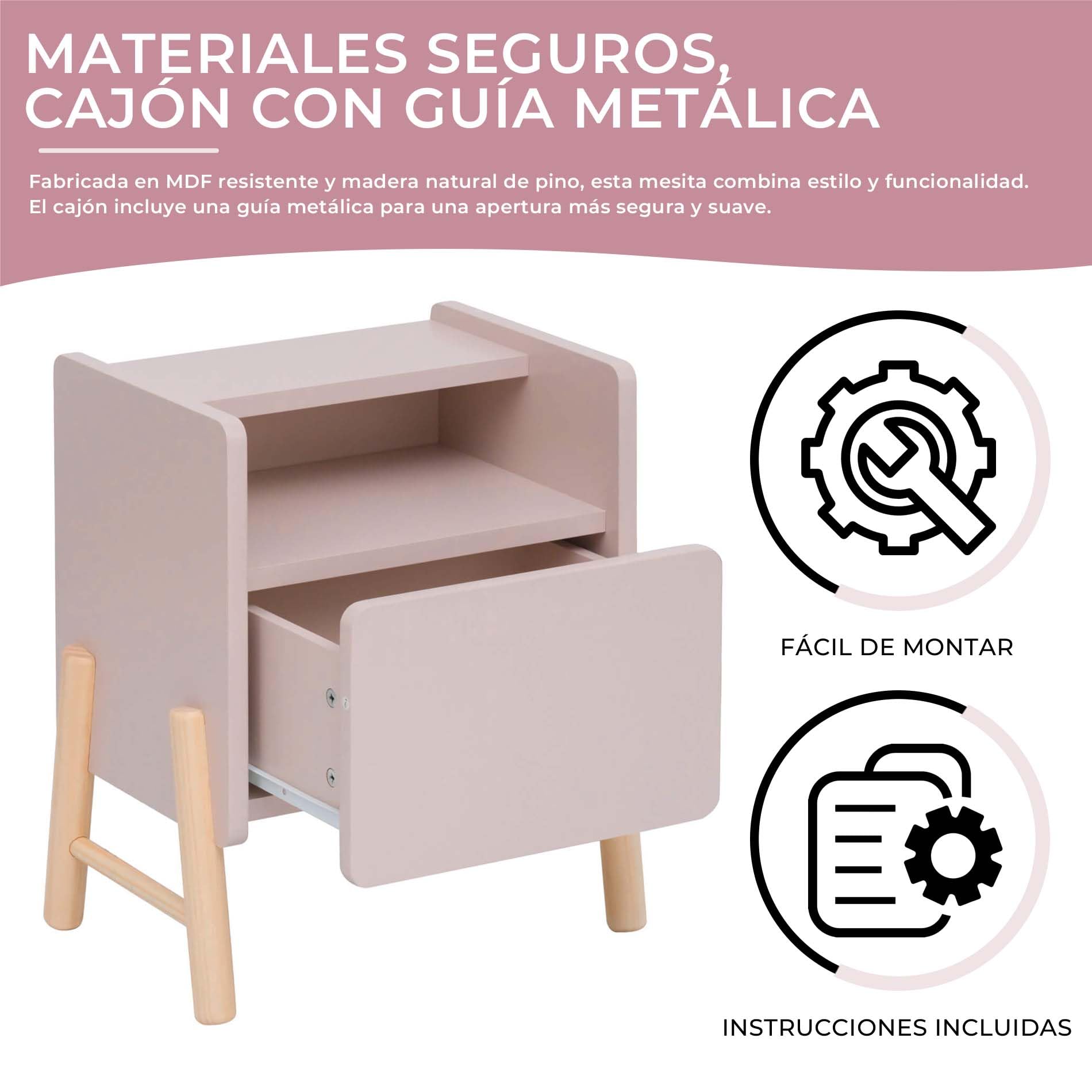 Rebecca Mobili Mesita de Noche para Habitación Infantil, Mesita de Noche Montessori, Rosa Marrón, MDF Pino, con Bordes Redondeados - Dimensiones AxAnxFon: 49 x 43 x 30 cm - Art. RE7129