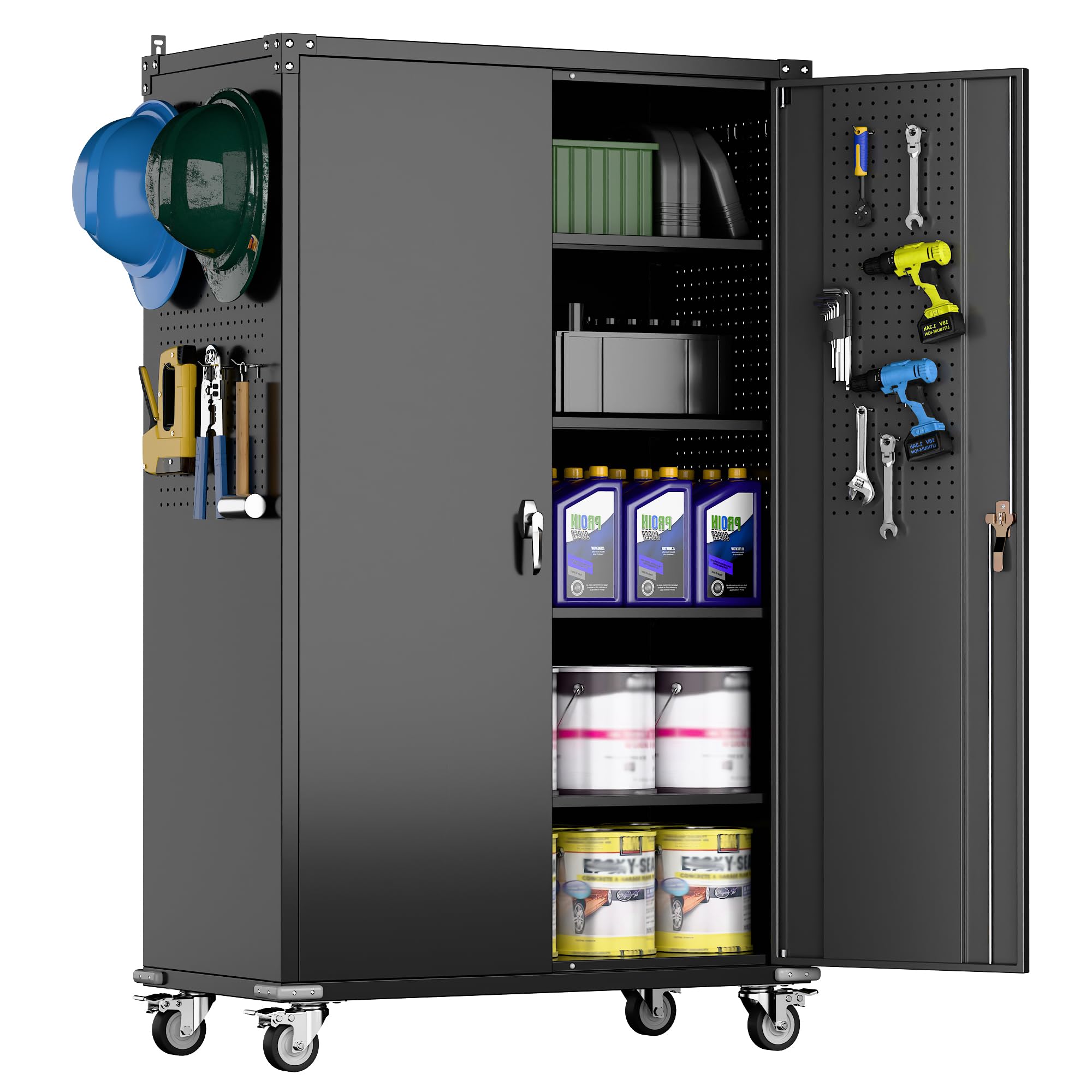 72" H Wide and Deep Garage Storage Cabinet with Wheels & Pegboard, Large Locking Metal Storage Cabinet with 2 Doors and 4 Adjustable Shelves for Garage, Home, Assembly Required, Black