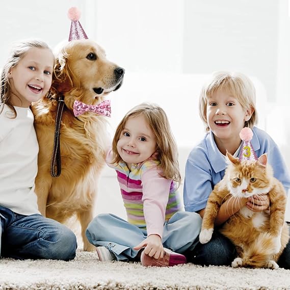Dog Birthday Hat, Reusable Dog Cat Party Hat with Bow Tie Collar and Blue Number for Pet Puppy Cat Birthday Party Decorations, Pet Costumes Headwear Accessories (Pink)