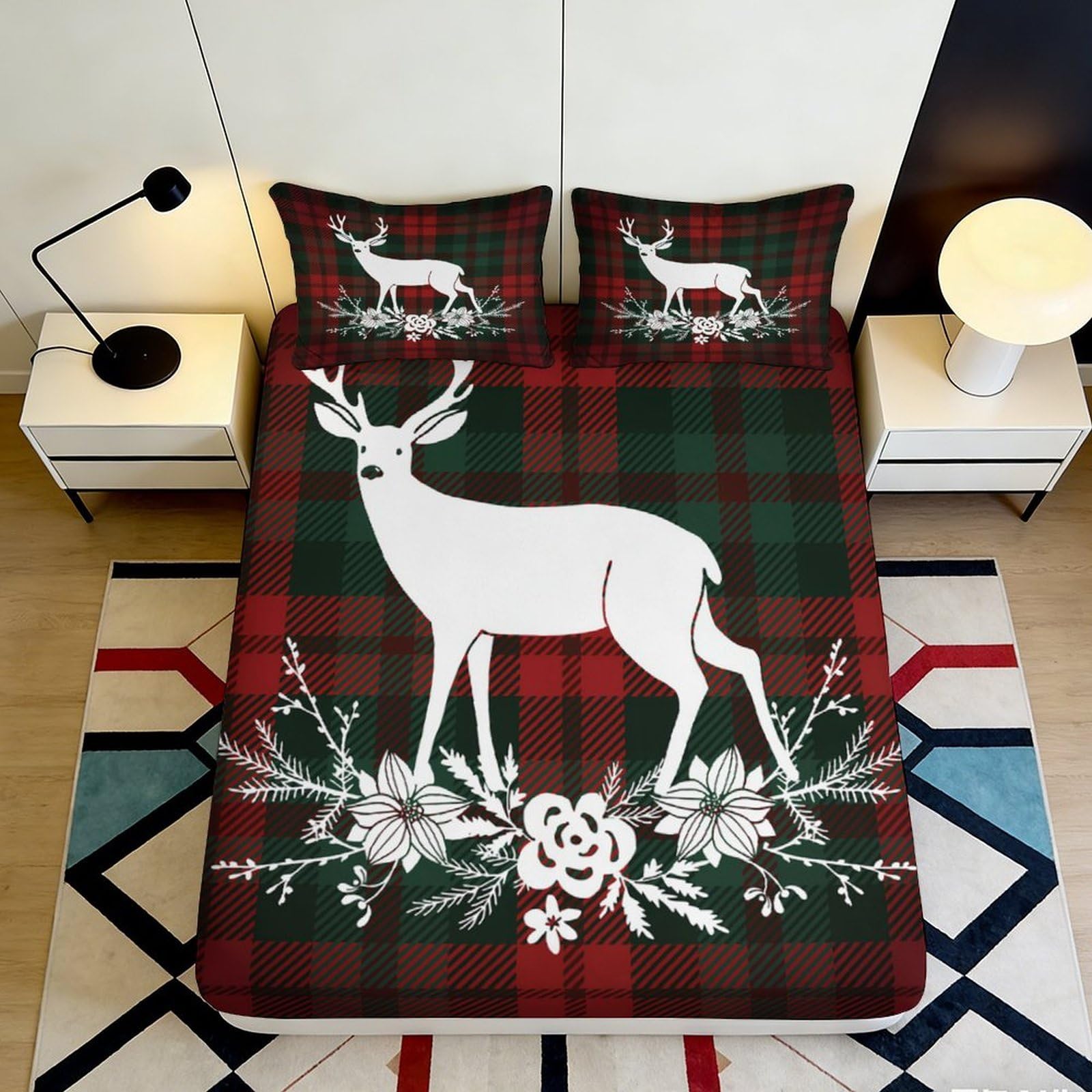 3D Printed Christmas Deer Fitted Sheet Microfiber Soft Breathable Plaid Bed Cover for Bedroom Dormitory Guest Room Mattress Protection Decor 140x200x25cm