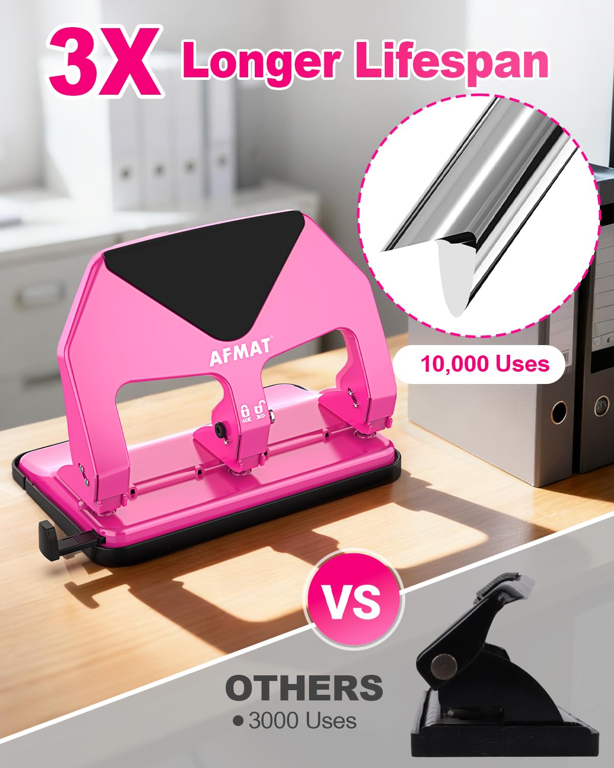 AFMAT 3 Hole Punch Heavy Duty, 50-Sheet Three Hole Punch, 50% Reduced Effort, 10,000+ Uses, 9/32" Holes, S.S. Paper Guide, 3 Hole Puncher for Binder, Metal Hole Puncher for Home Office School HP20