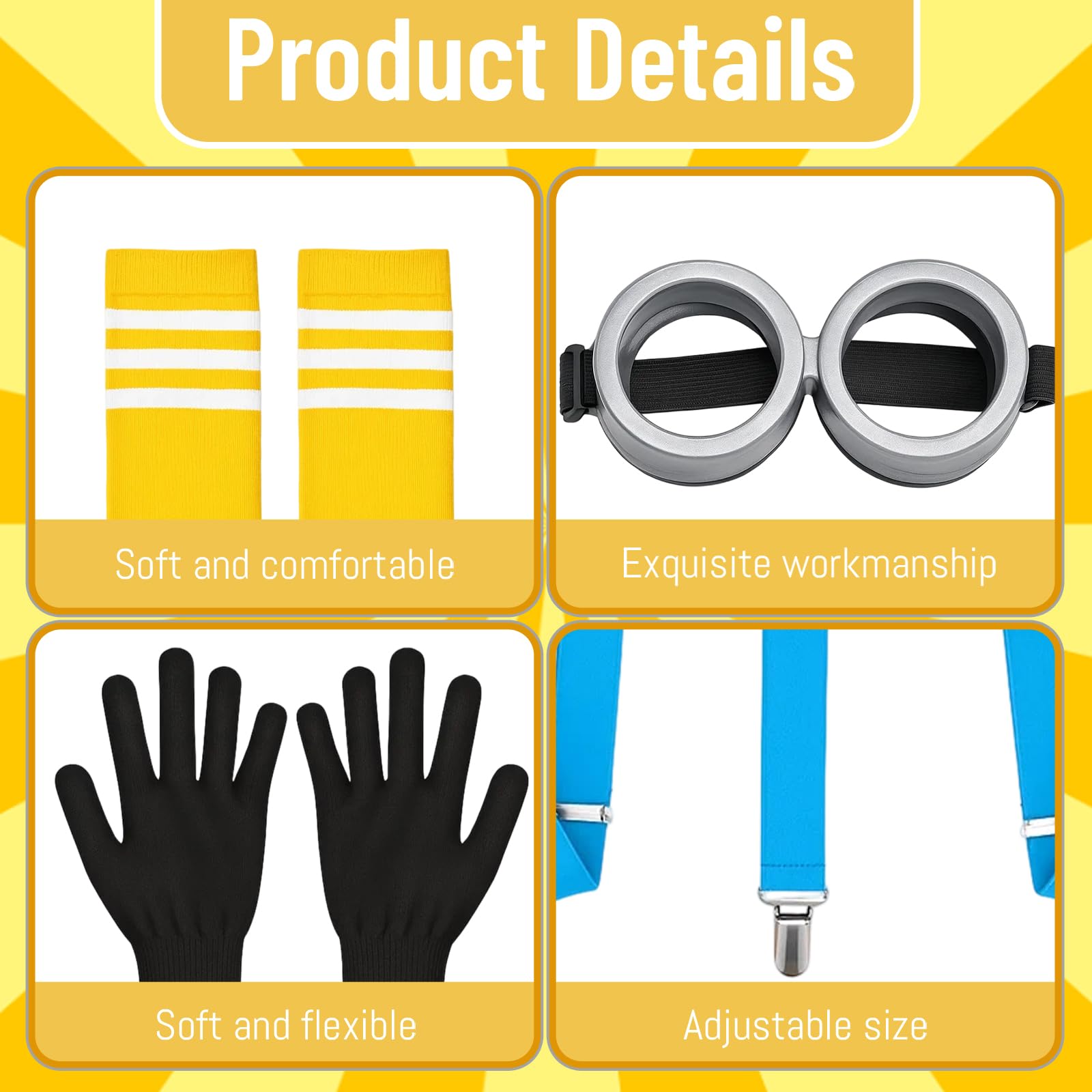 BFSYRR Yellow Costume, 7 Piece Carnival Set for Halloween Parties and Cosplay Events Includes Hat, Glasses, Gloves, Socks - Image 3