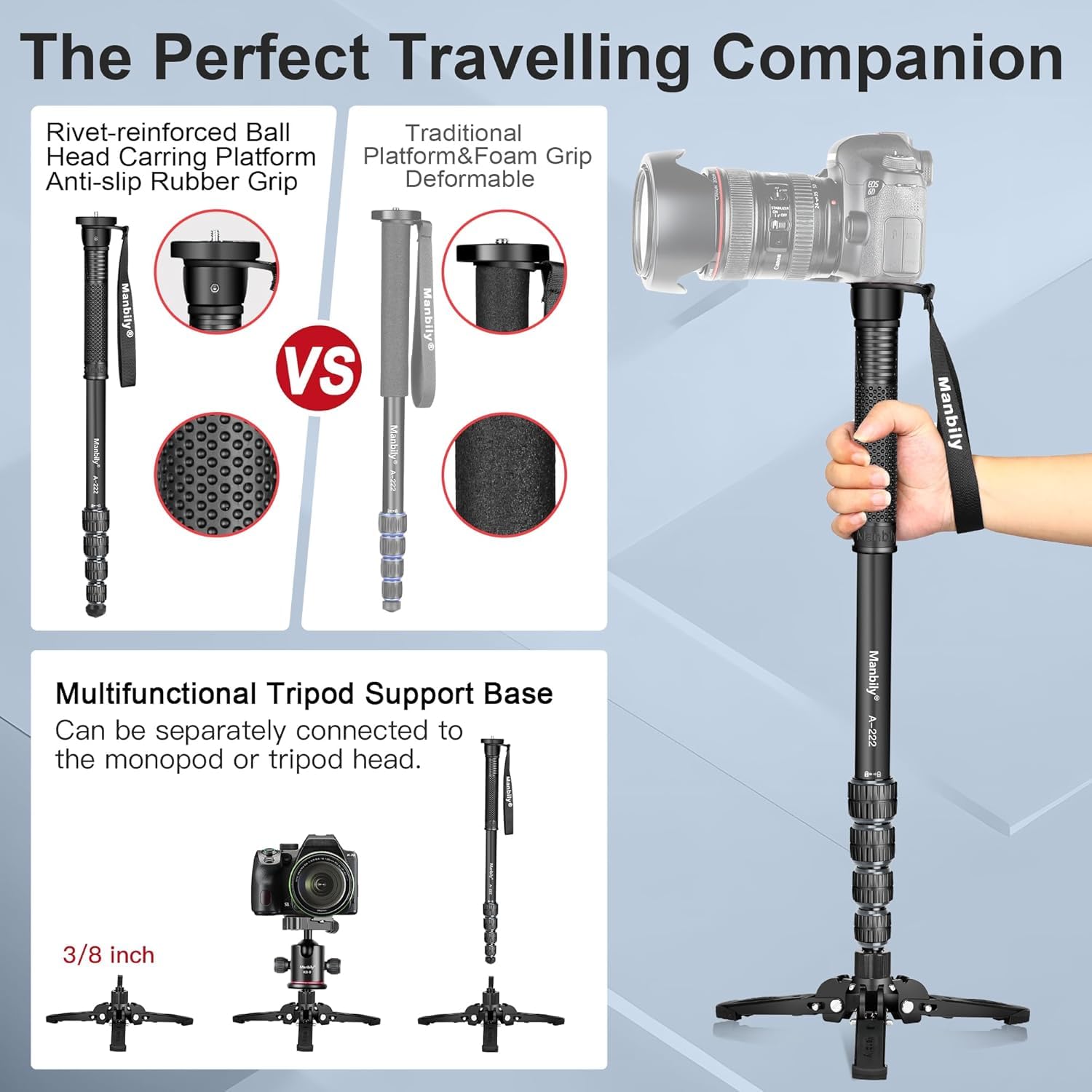 Manbily A-222 Monopode pour appareils photo avec pieds, 5 sections, 170 cm, charge maximale 7 kg, monopode extensible portable en aluminium pour caméscope vidéo DSLR Canon, Nikon, Sony (gris)