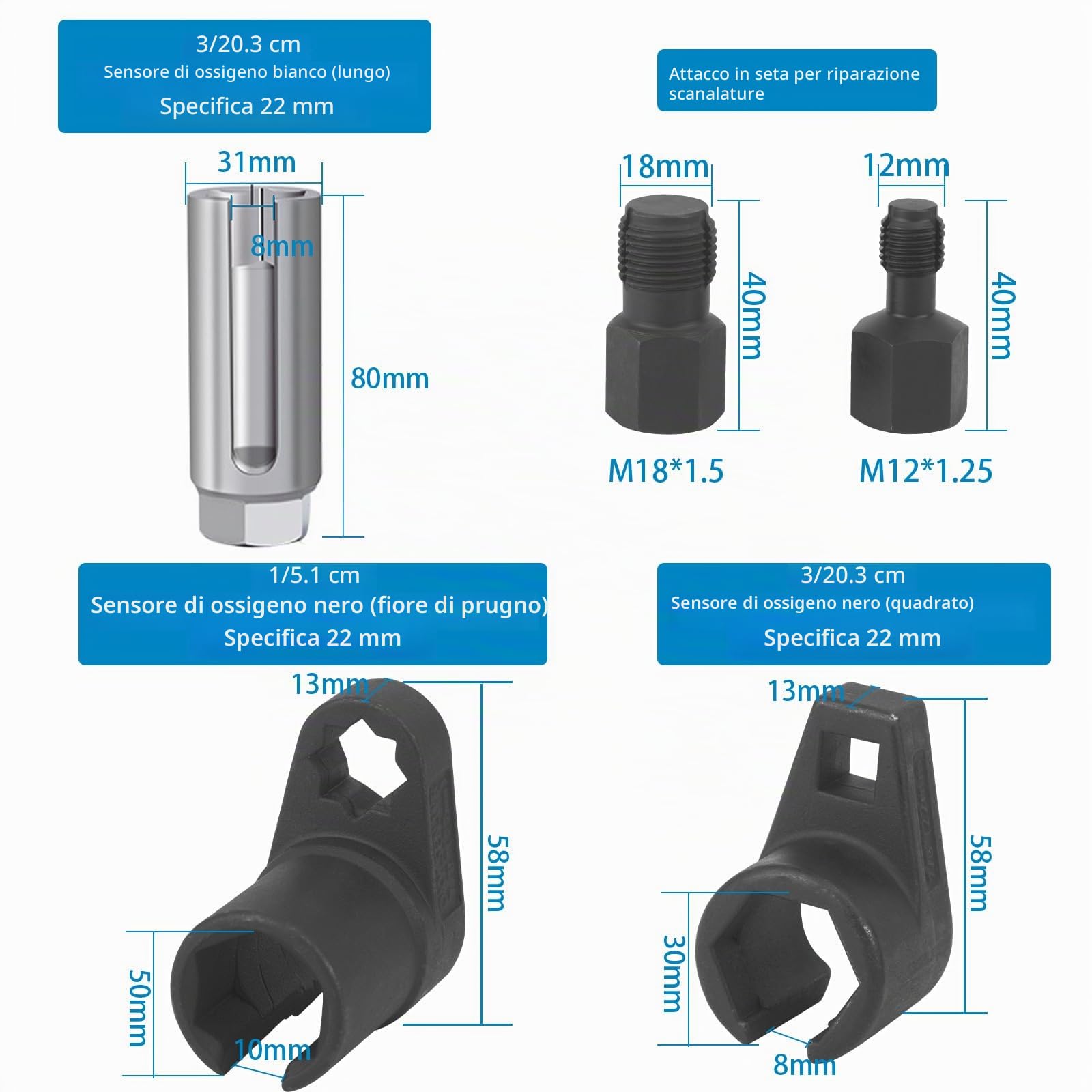 BIGP Set di Dadi per Sensore Lambda, Strumento per Sensore Lambda e Set di Riparazione Filettature, Strumento di Riparazione Auto, Confezione da 5