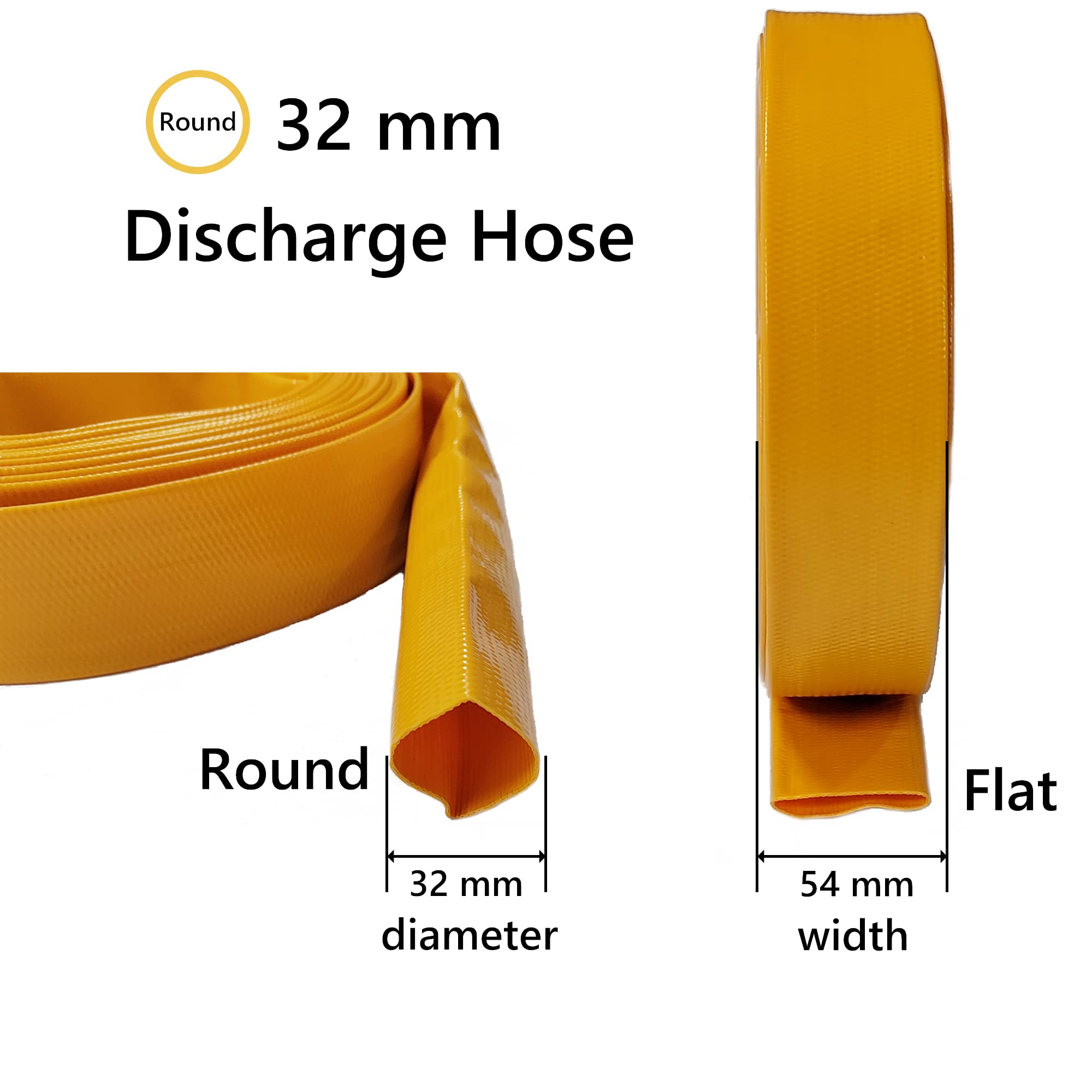 20 m x 32 mm manguera plana de descarga de agua para estanque, PVC reforzado con poliéster para bombas sumergibles y drenaje, color amarillo