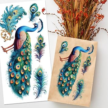 4 Sheets Peacock Rub-on Transfers for Crafts & Furniture, PVC Material, Nature Style, Animal, Peacock Theme, Indoor Use, Sticker Decals