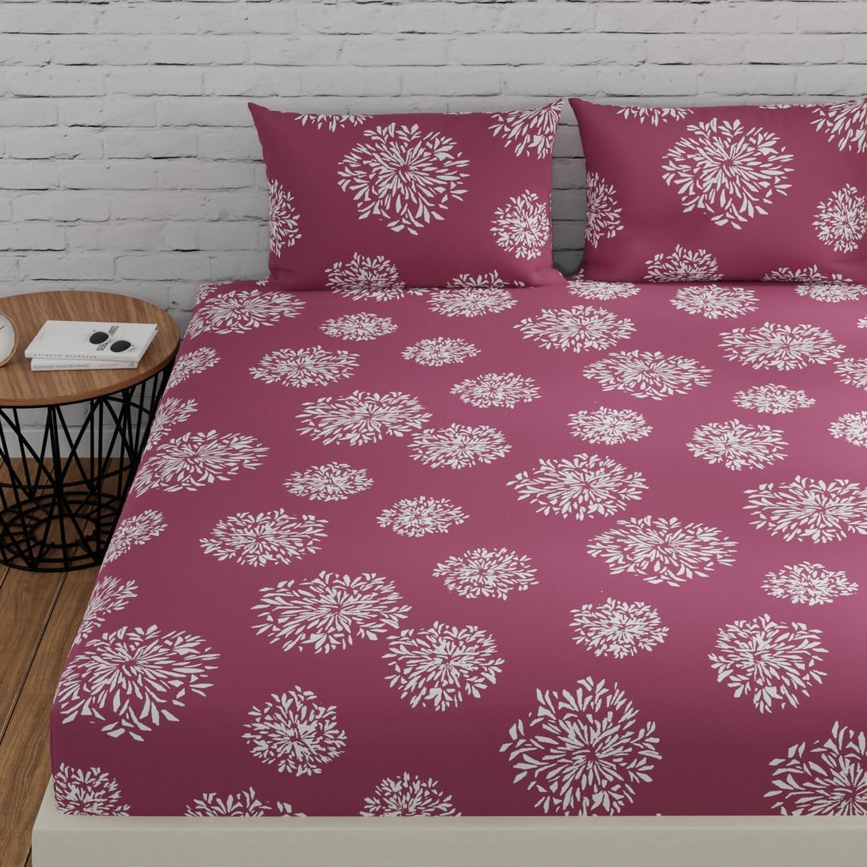 Huesland by Ahmedabad Cotton 144 TC Cotton King Size Bedsheet with Elastic Fitted with 2 Pillow Covers | 72x78 inches | Mauve