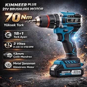 Çift Akülü Darbeli Şarjlı Matkap – Kömürsüz Motor & Çelik Mandren – Kablosuz Delme ve Vidalama Aleti Kimmeer Plus 21V