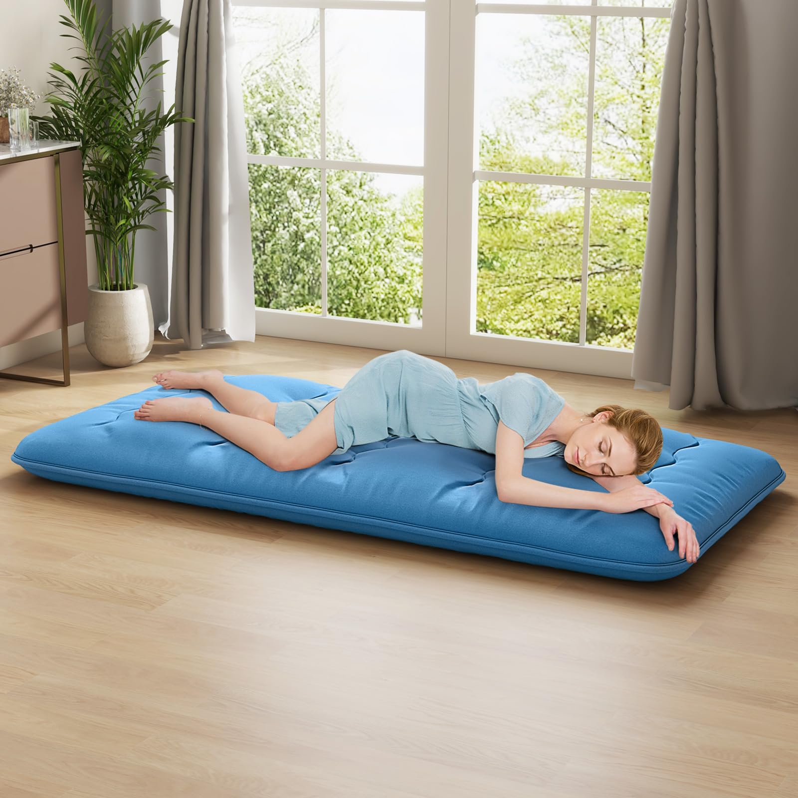 GOPLUS - Colchón Futón japonés para 1/2 personas, cama plegable y portátil con bolsa de transporte para camping, viajes en coche, 90/140 x 200 cm (azul, 90 x 200 cm), IV21720FR
