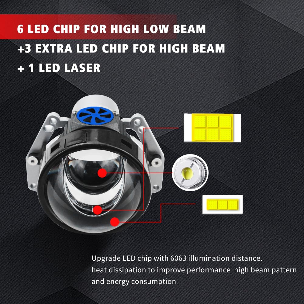 Générique 2 Projecteurs Bi-LED 12V 55W/65W 3 Pouces 8000lm Conversion de Phares Feux de Route Feux de Croisement Lentilles de Projecteur