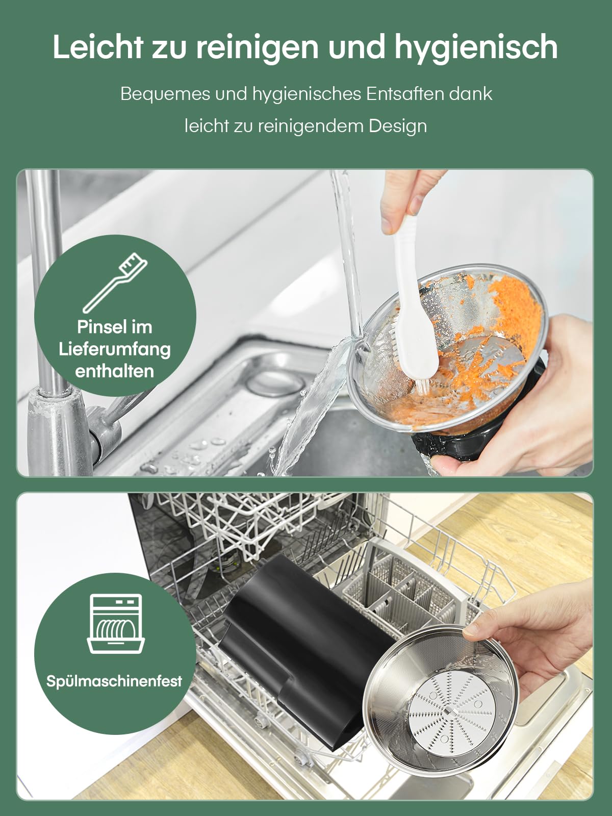 JUILIST Entsafter Gemüse und Obst, 65 mm Einfüllschacht, 3 Einstellungen, Mit Reinigungsbürste, Leicht zu Reinigen