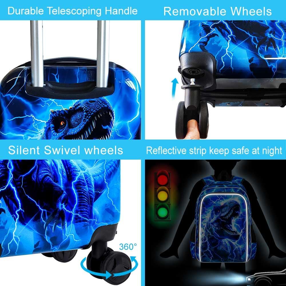 5PCS Kids Carry on Luggage Set, Airline-Approved Suitcases with 360° Spinner Wheels, Cute Travel Suitcase for Boys & Toddlers - Lightning T-Rex Blue