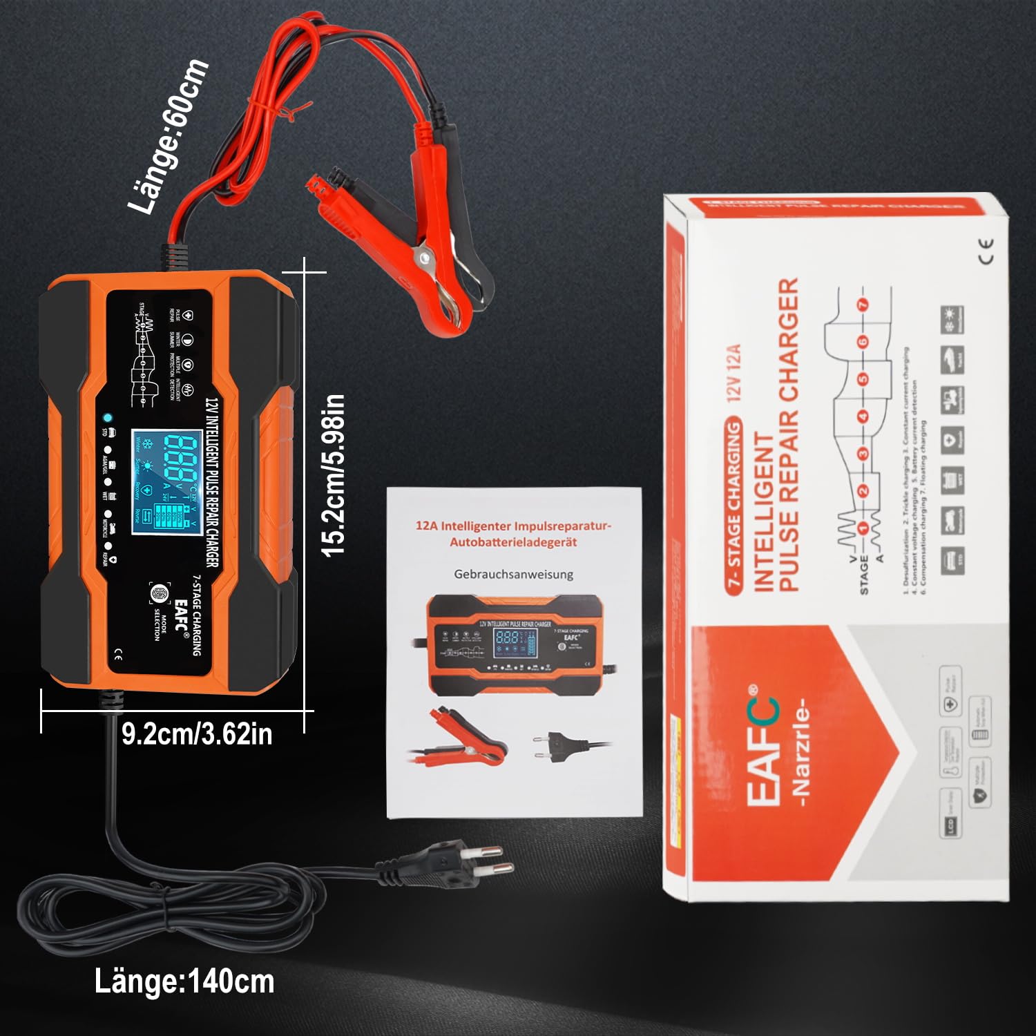 12A Cargador Baterias Coche Inteligente 12V, Mantenedor Bateria Moto para Baterías de Plomo-ácido, STD, AGM, Gel, SLA, Cable de 2m, Control Táctil, Compensación de Temperatura