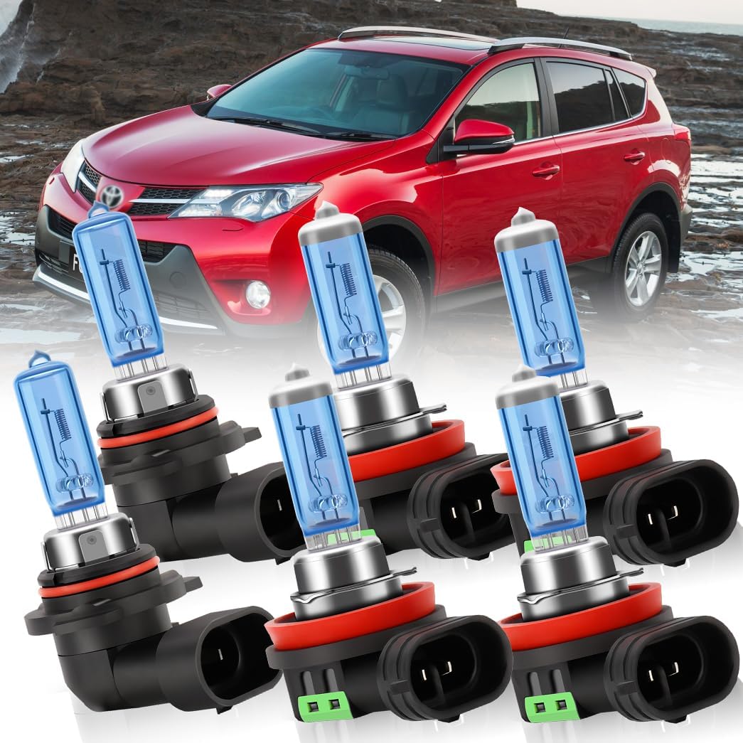 Halogen Headlight Bulbs Fit for Toyota Highlander 2014-2019,9005 High Beam H11 Low Beam H11 Fog Lights,100W Head Lighting 300% Brightness 6000K,Pack of 6 (For Toyota RAV4 2016-2018)