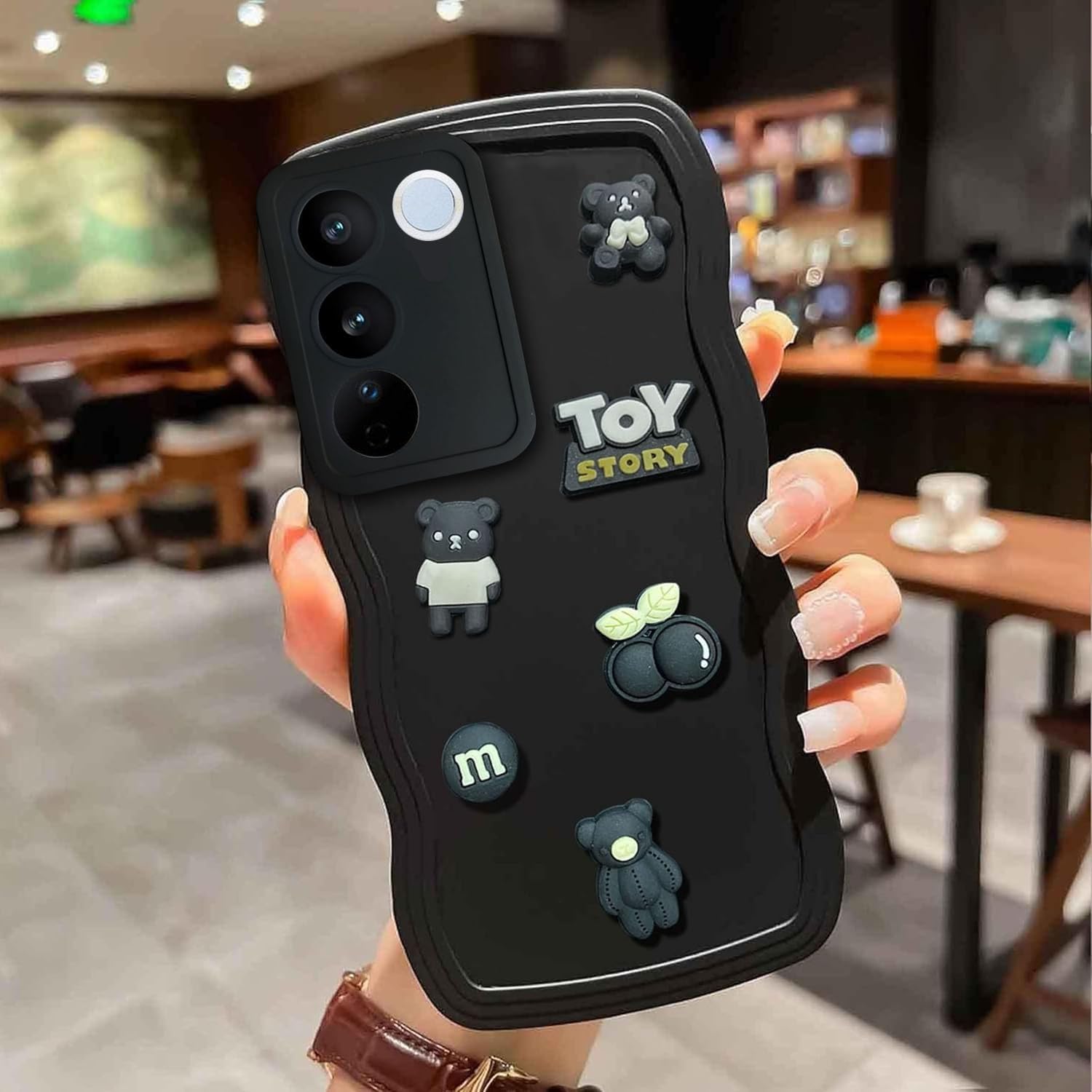 KC Back Cover for Vivo V27 5G & Vivo V27 Pro 5G, 3D Cute Curly Wave Cartoon Characters and Cherry Shockproof Soft Bumper Silicone Case with Camera Protection (Black) (B0CBJSX2GV) Amazon Price History, Amazon Price Tracker