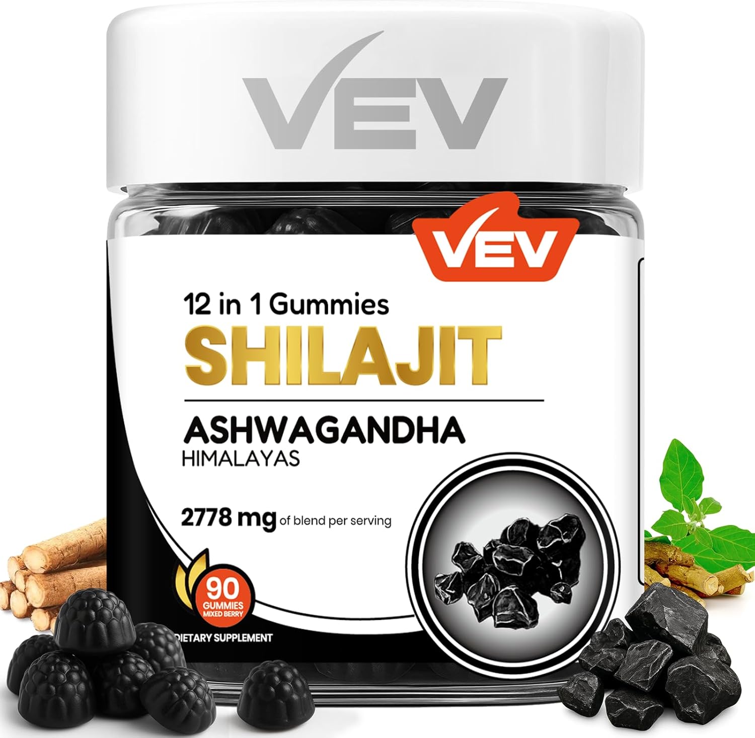 Product image of VEV Shilajit Gummies for Men & Women | 1000mg Shilajit & Ashwagandha Gummies with Sea Moss & L-Theanine for Energy, Vitality & Stress Balance | Vegan, No Added Sugar | 90 Count for Daily Wellness