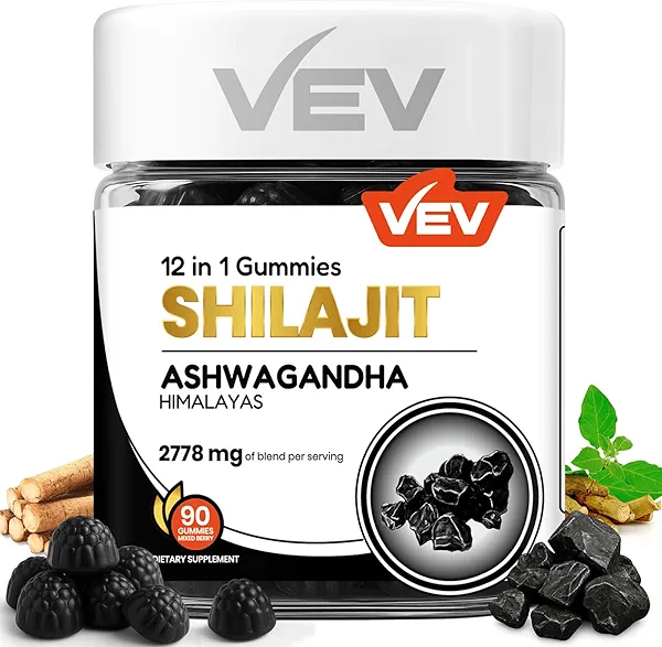 VEV Shilajit Gummies for Men & Women | 1000mg Shilajit & Ashwagandha Gummies with Sea Moss & L-Theanine for Energy, Vitality & Stress Balance | Vegan, Sugar-Free | 90 Count for Daily Wellness