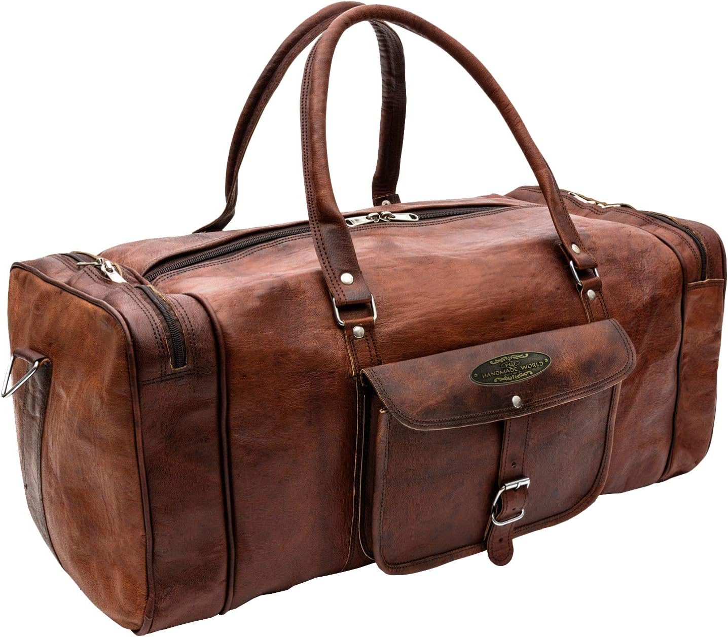 24 Inch Leather Duffle Bags for Men | Vintage Leather Travel Bags for Men and Women | Best Mens Genuine Brown Leather Luggage Weekender Overnight Duffel Carry On Full Grain Gym Sports Bag